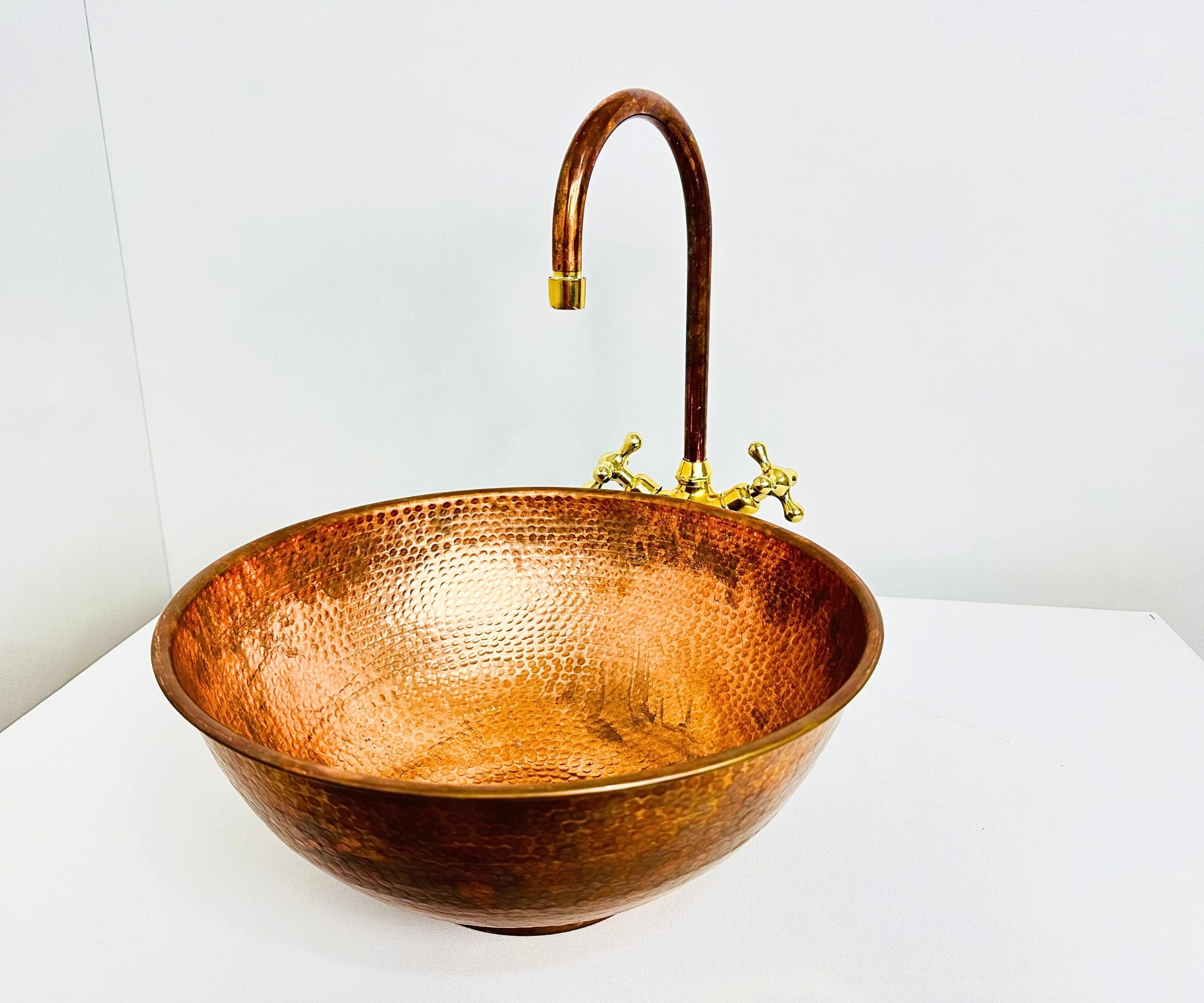 Hammered Copper Round Vessel Sink with faucet