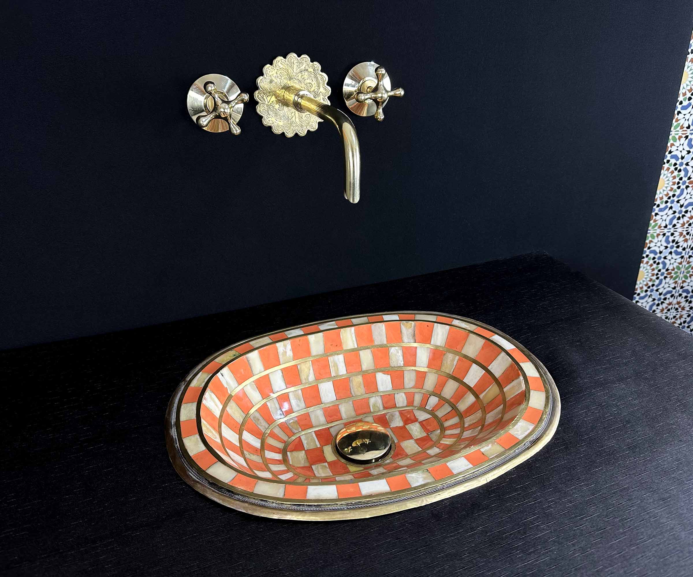 Handcrafted Brass Sink with Orange Resin and Bone Inlay 