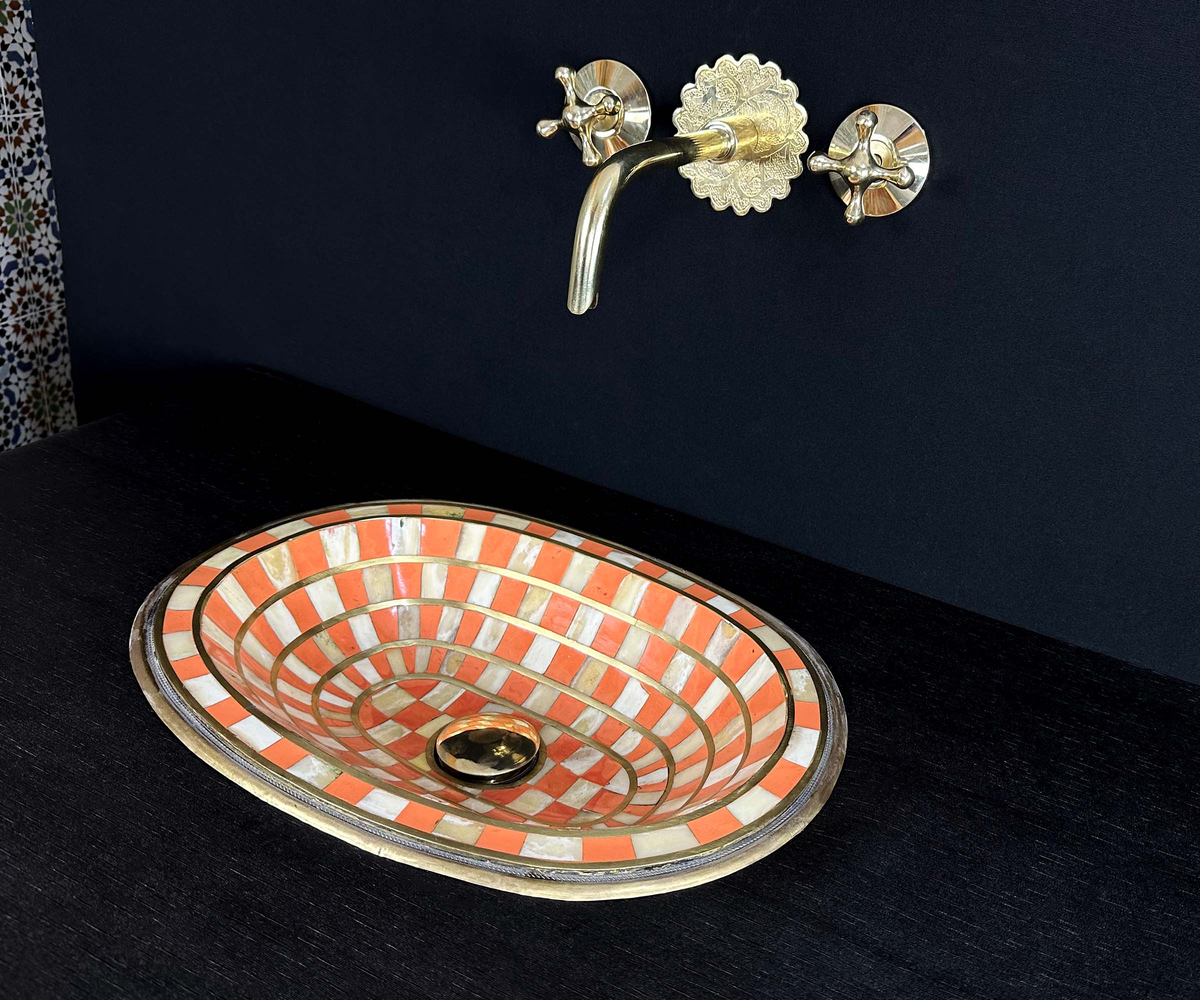 Handcrafted Brass Sink with Orange Resin and Bone Inlay 