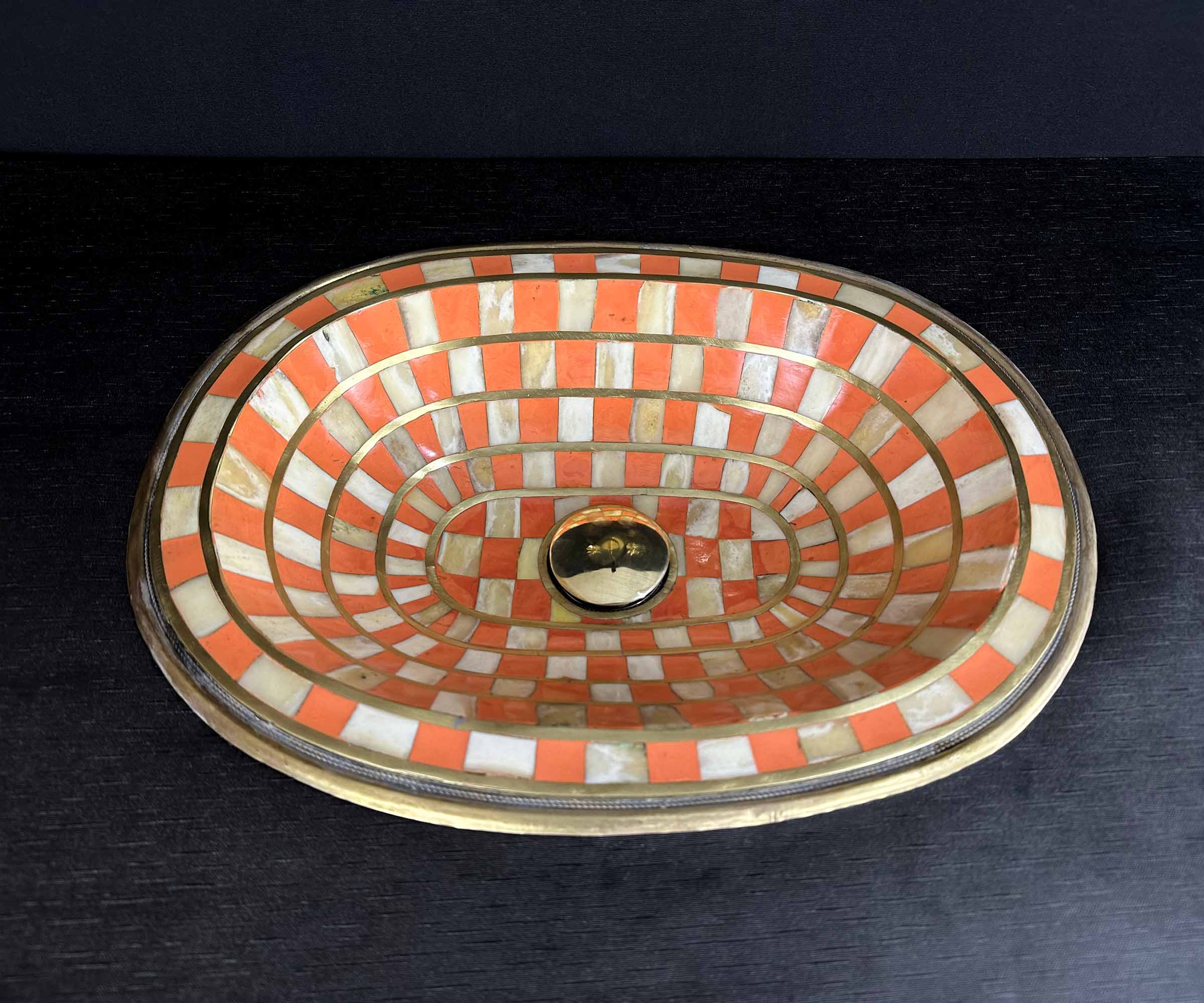 Handcrafted Brass Sink with Orange Resin and Bone Inlay 