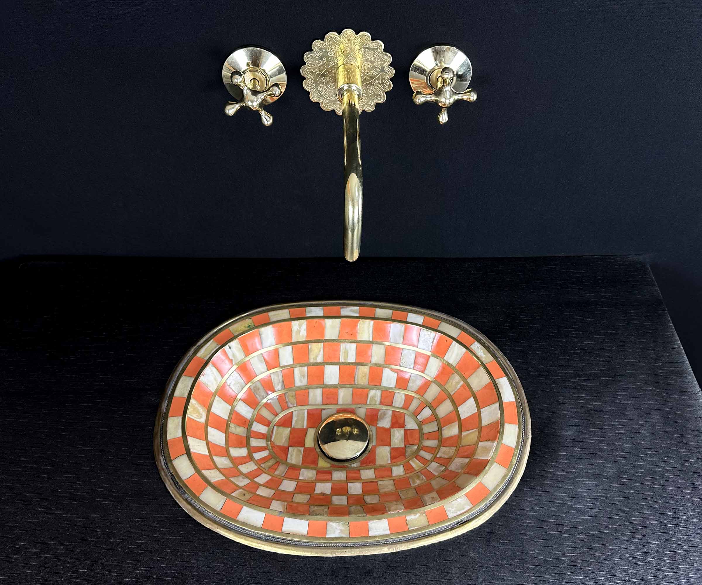 Handcrafted Brass Sink with Orange Resin and Bone Inlay 
