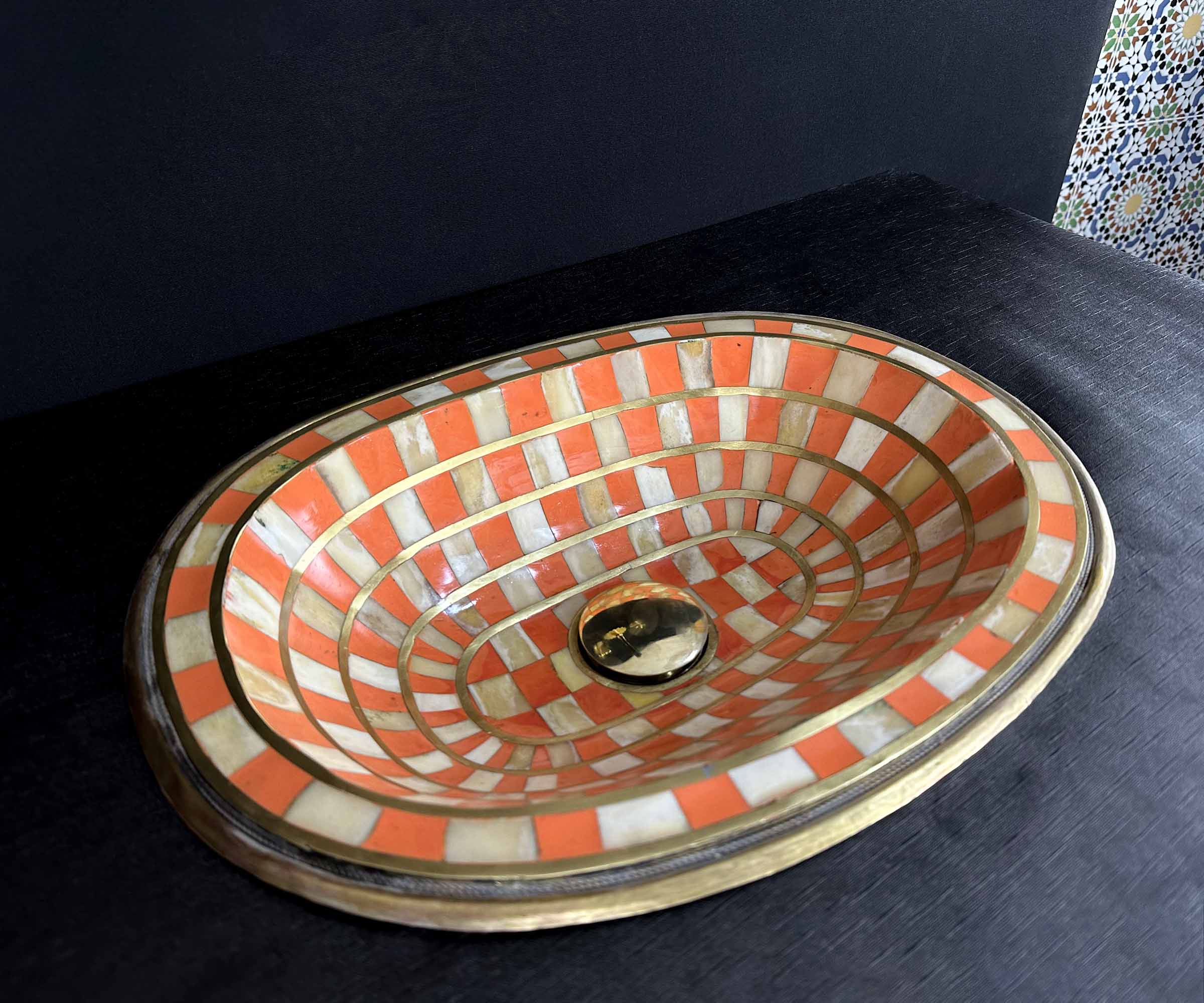 Handcrafted Brass Sink with Orange Resin and Bone Inlay 