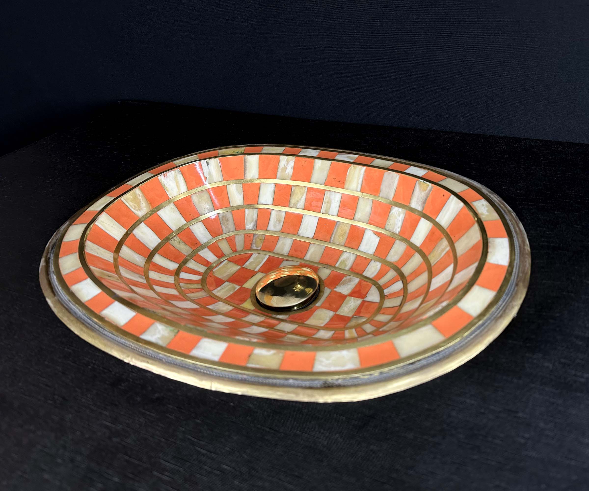 Handcrafted Brass Sink with Orange Resin and Bone Inlay 