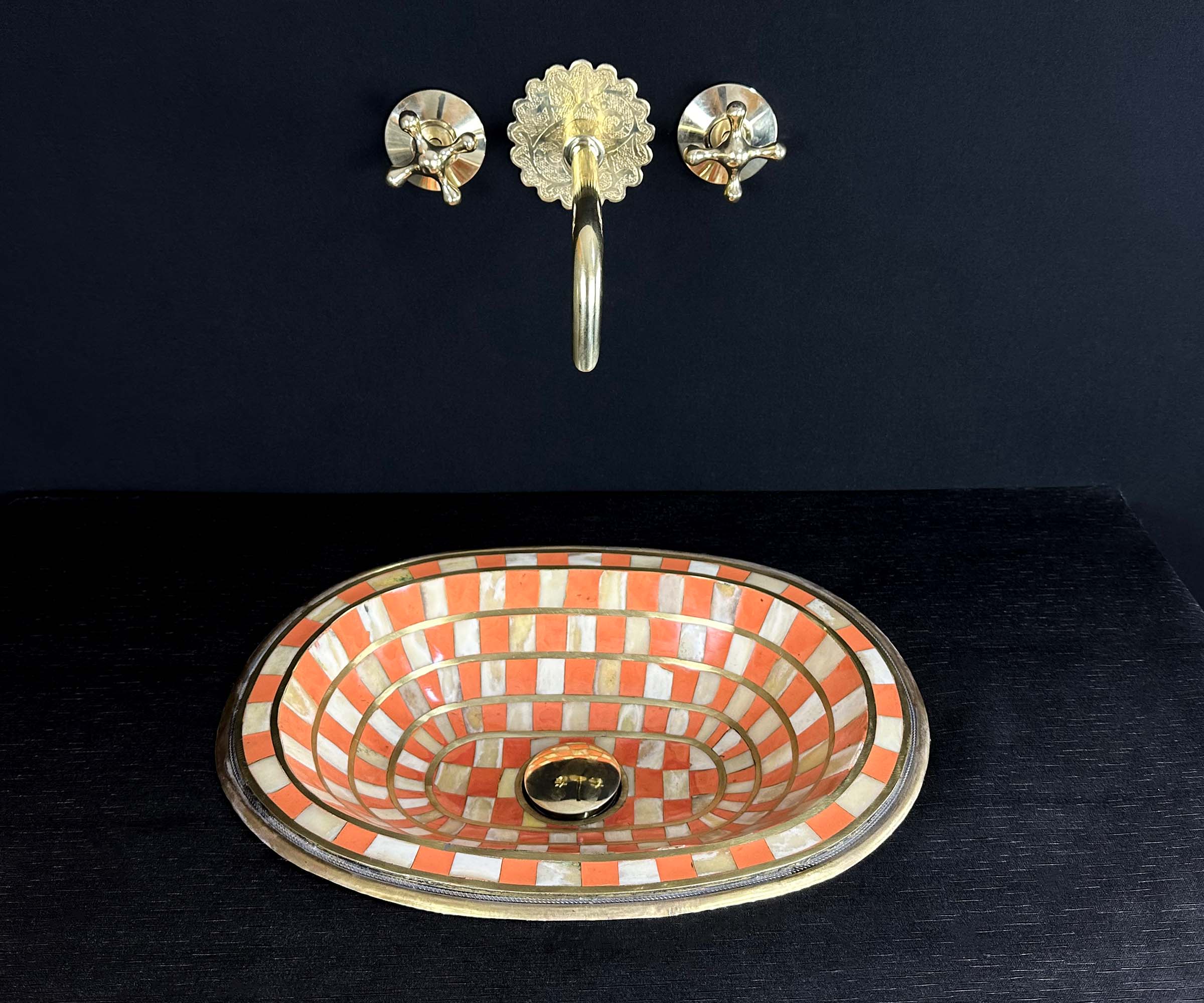 Handcrafted Brass Sink with Orange Resin and Bone Inlay 