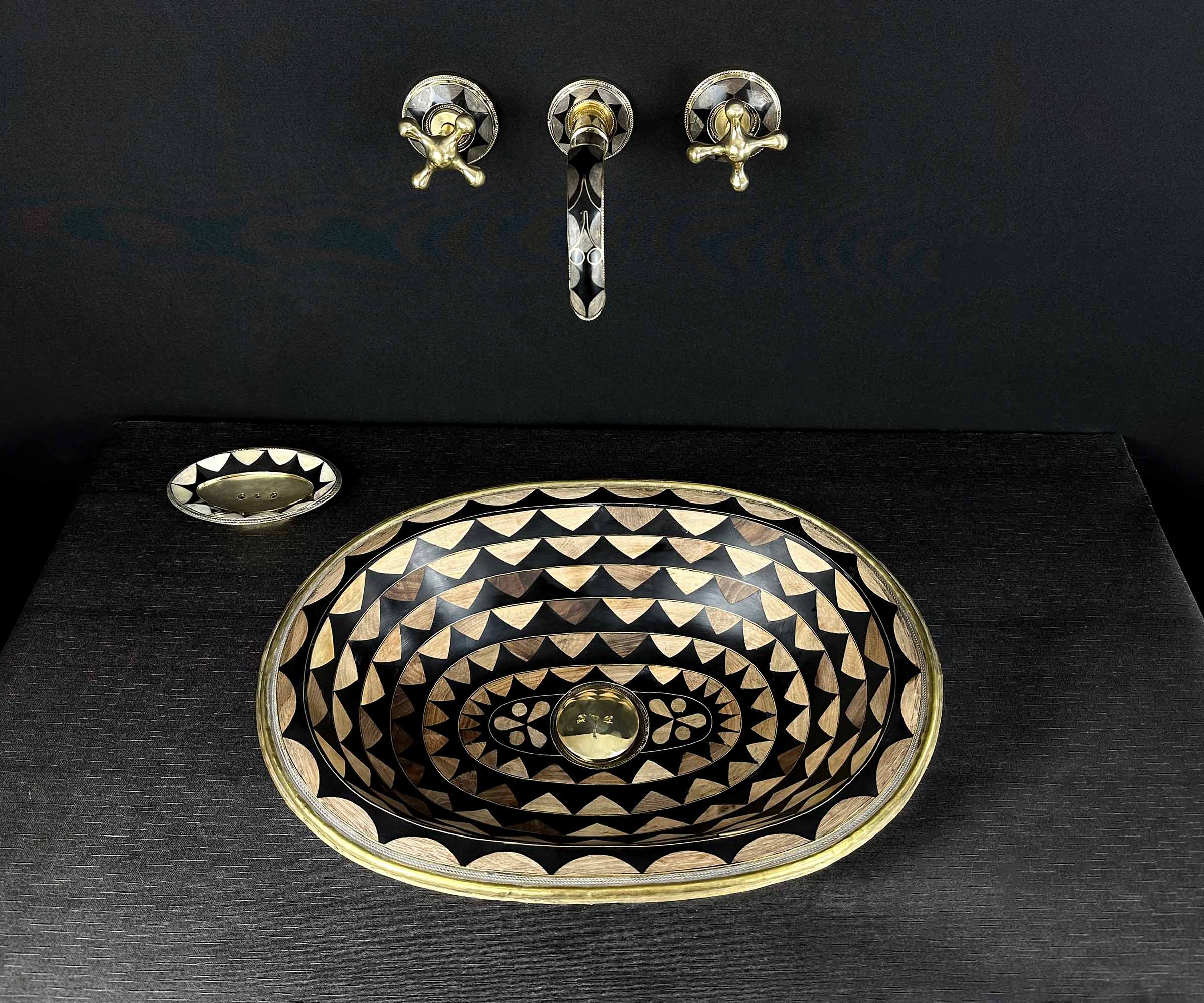 Handcrafted Oval Brass Sink with Wood and Black Resin Accents