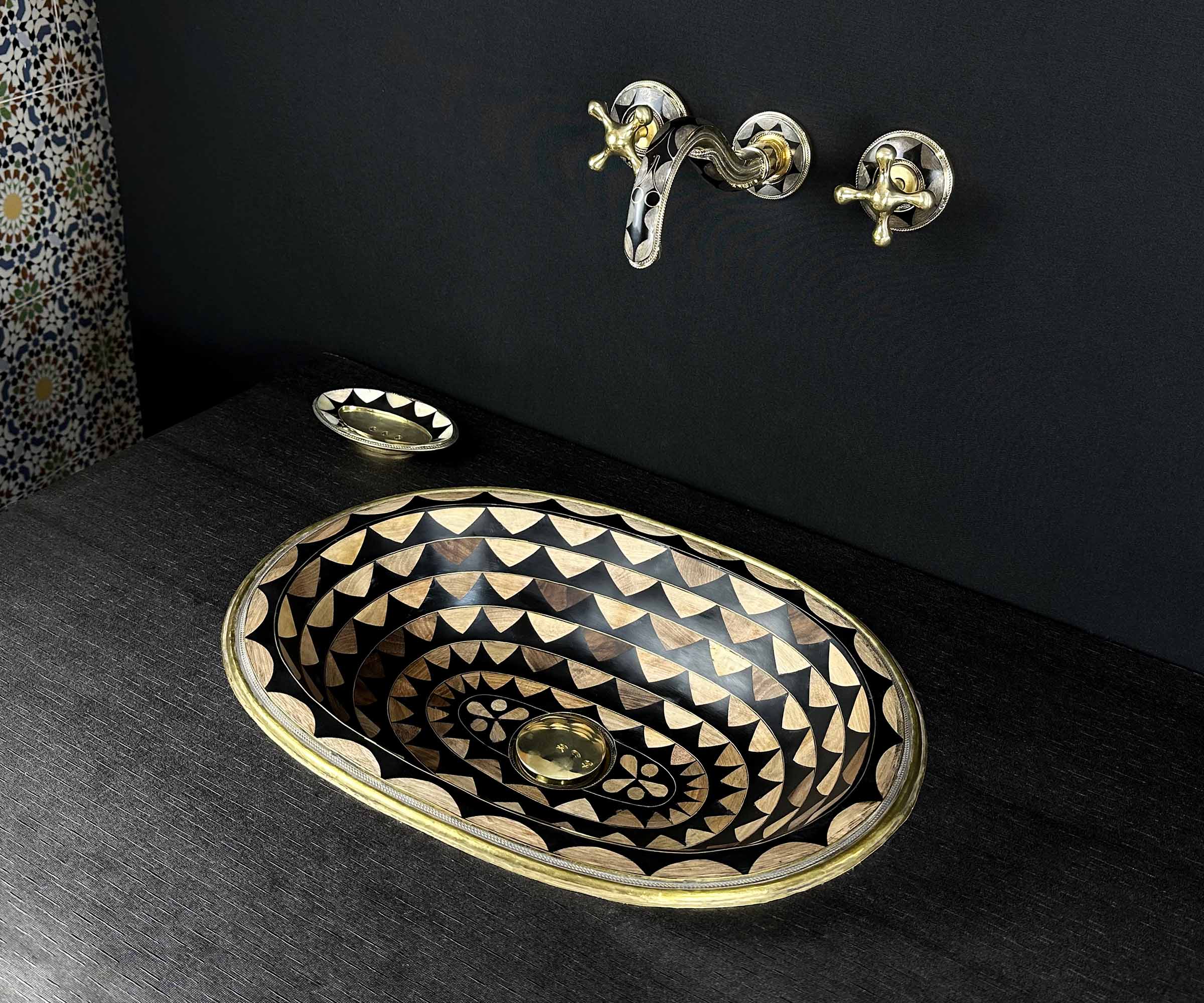 Handcrafted Oval Brass Sink with Wood and Black Resin Accents