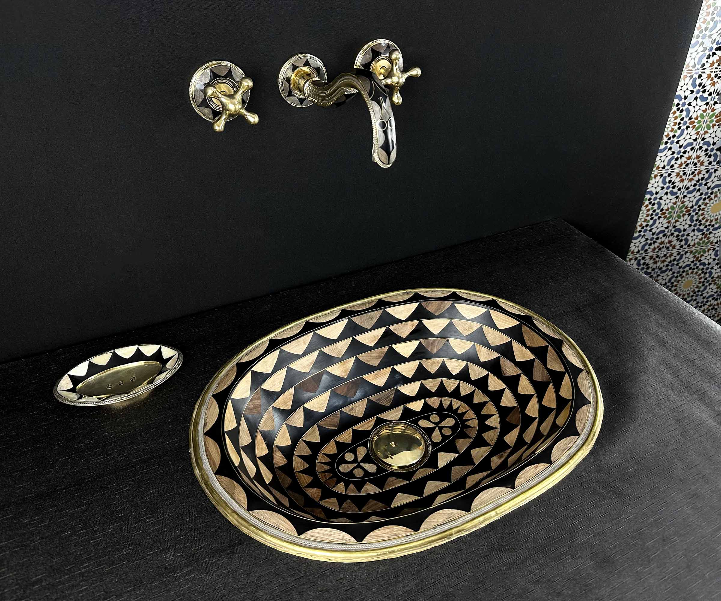 Handcrafted Oval Brass Sink with Wood and Black Resin Accents