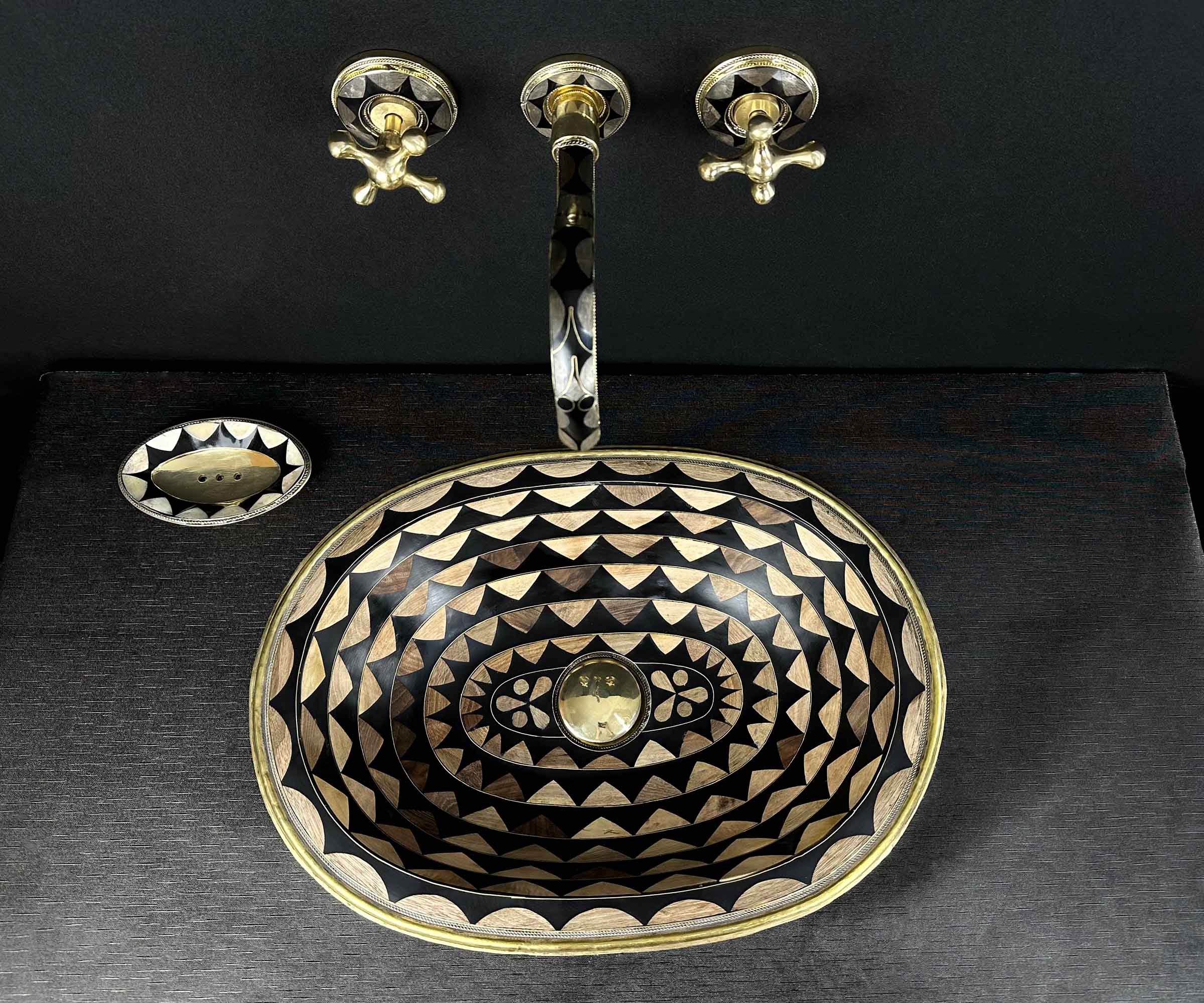 Handcrafted Oval Brass Sink with Wood and Black Resin Accents