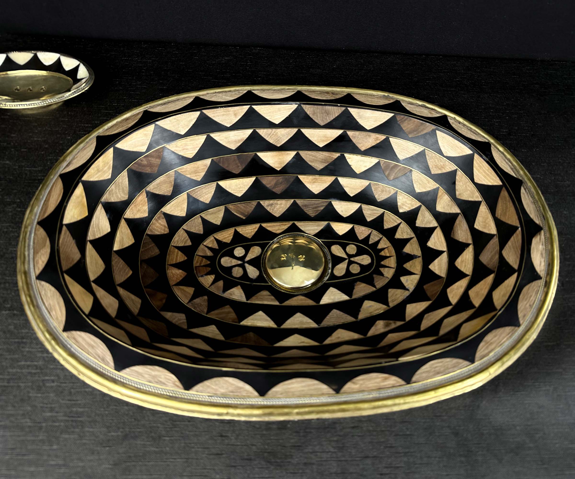 Handcrafted Oval Brass Sink with Wood and Black Resin Accents