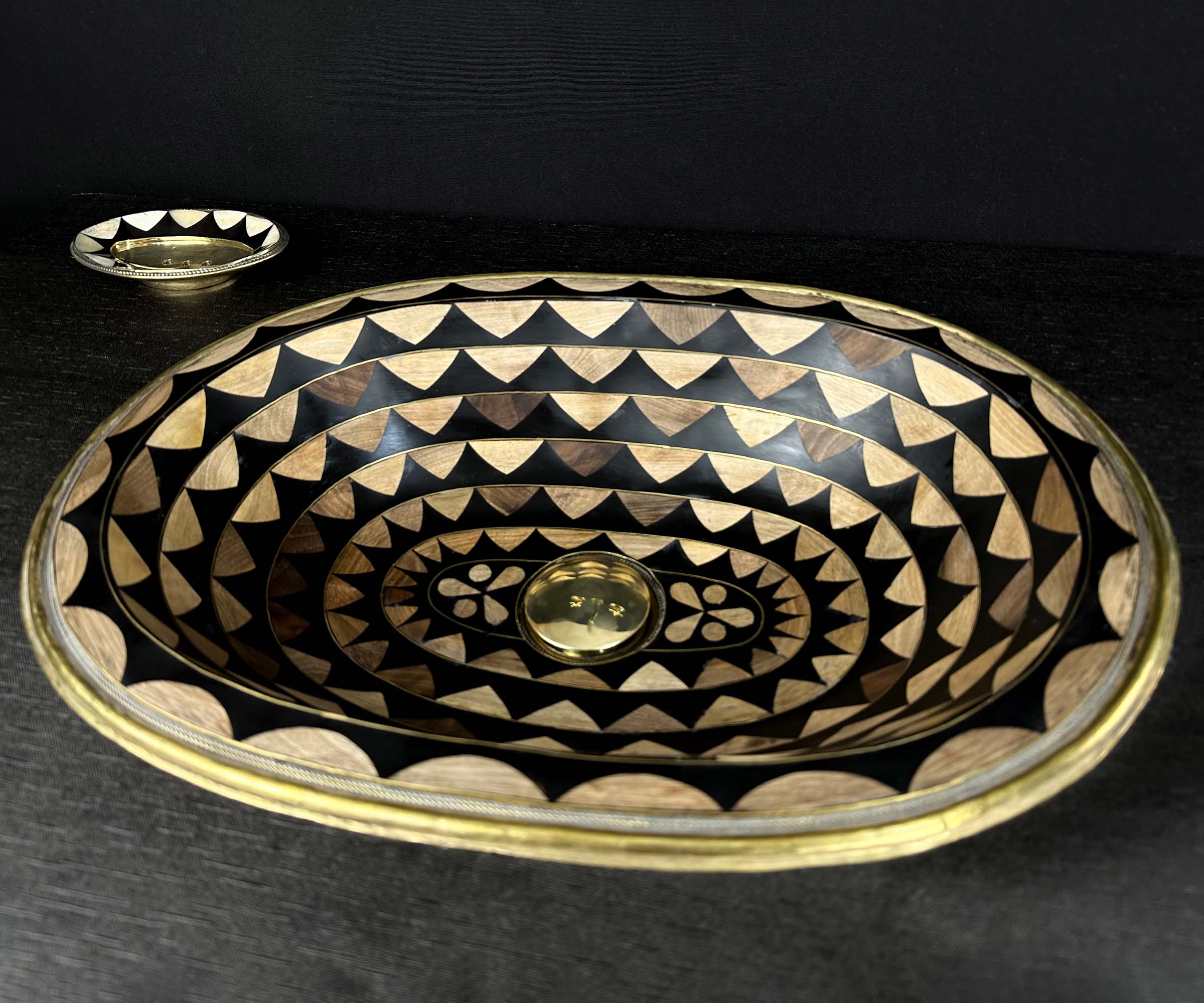 Handcrafted Oval Brass Sink with Wood and Black Resin Accents