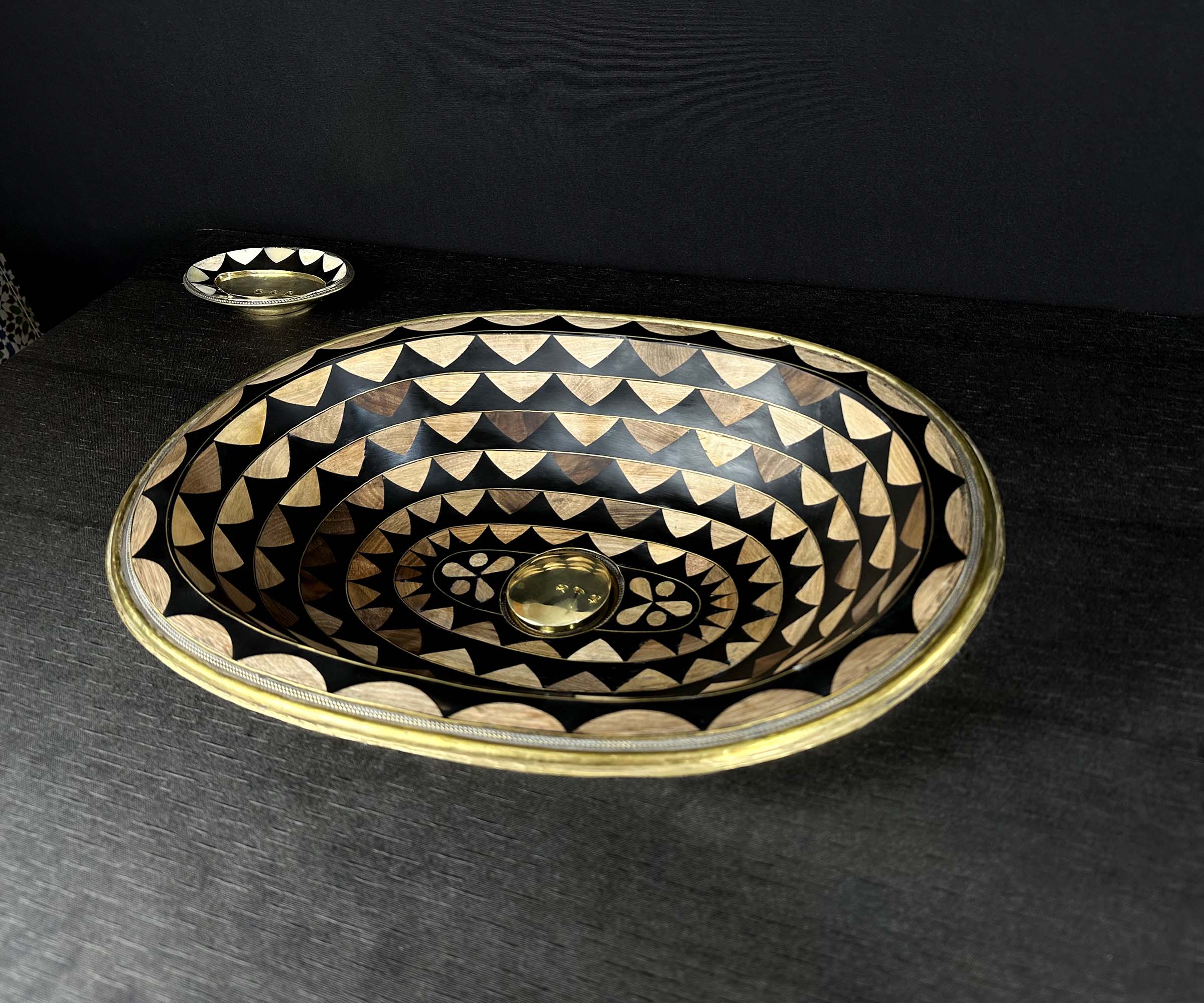 Handcrafted Oval Brass Sink with Wood and Black Resin Accents