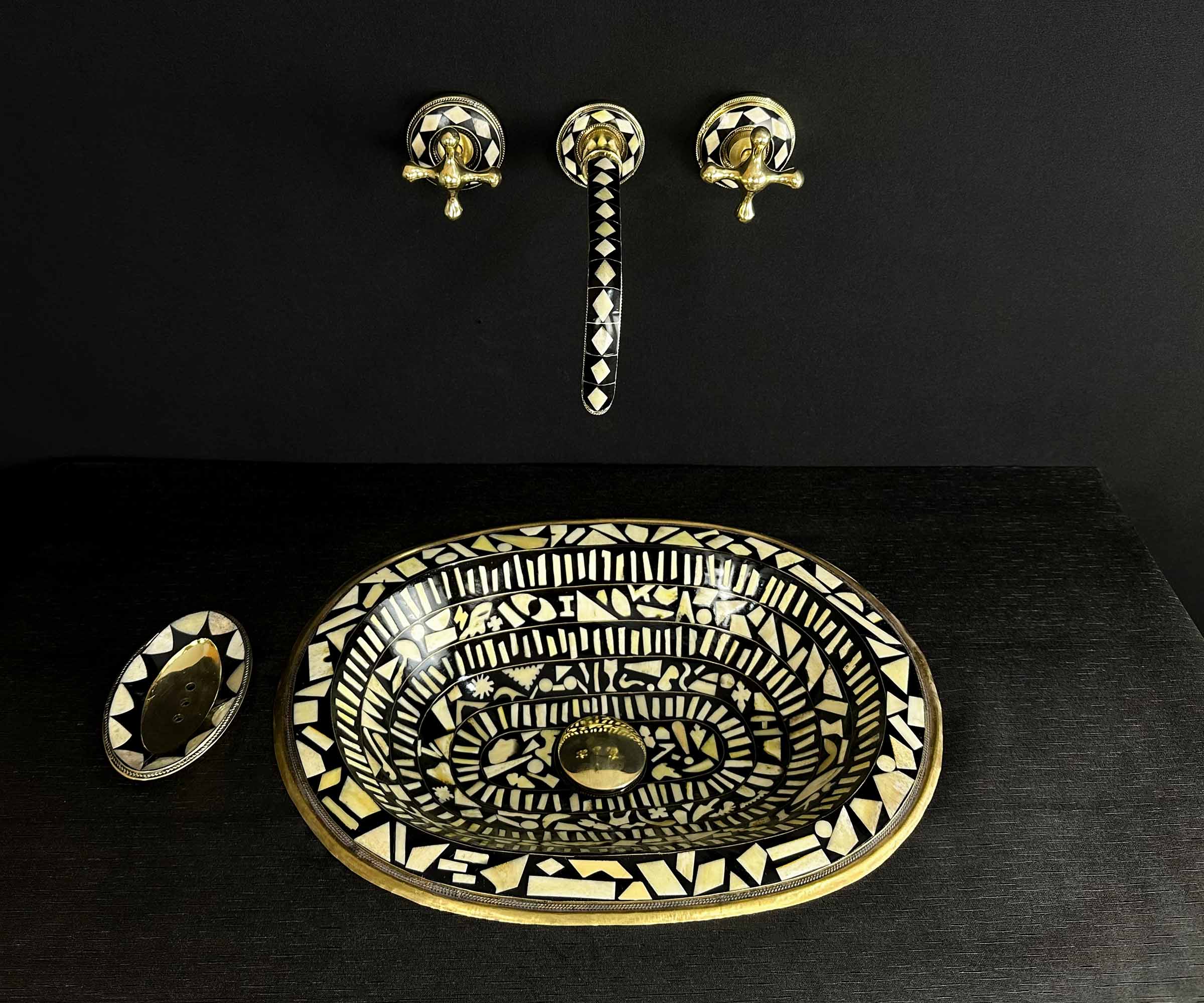 Handmade Brass Bathroom Sink with Bone and Resin - Historical Engravings