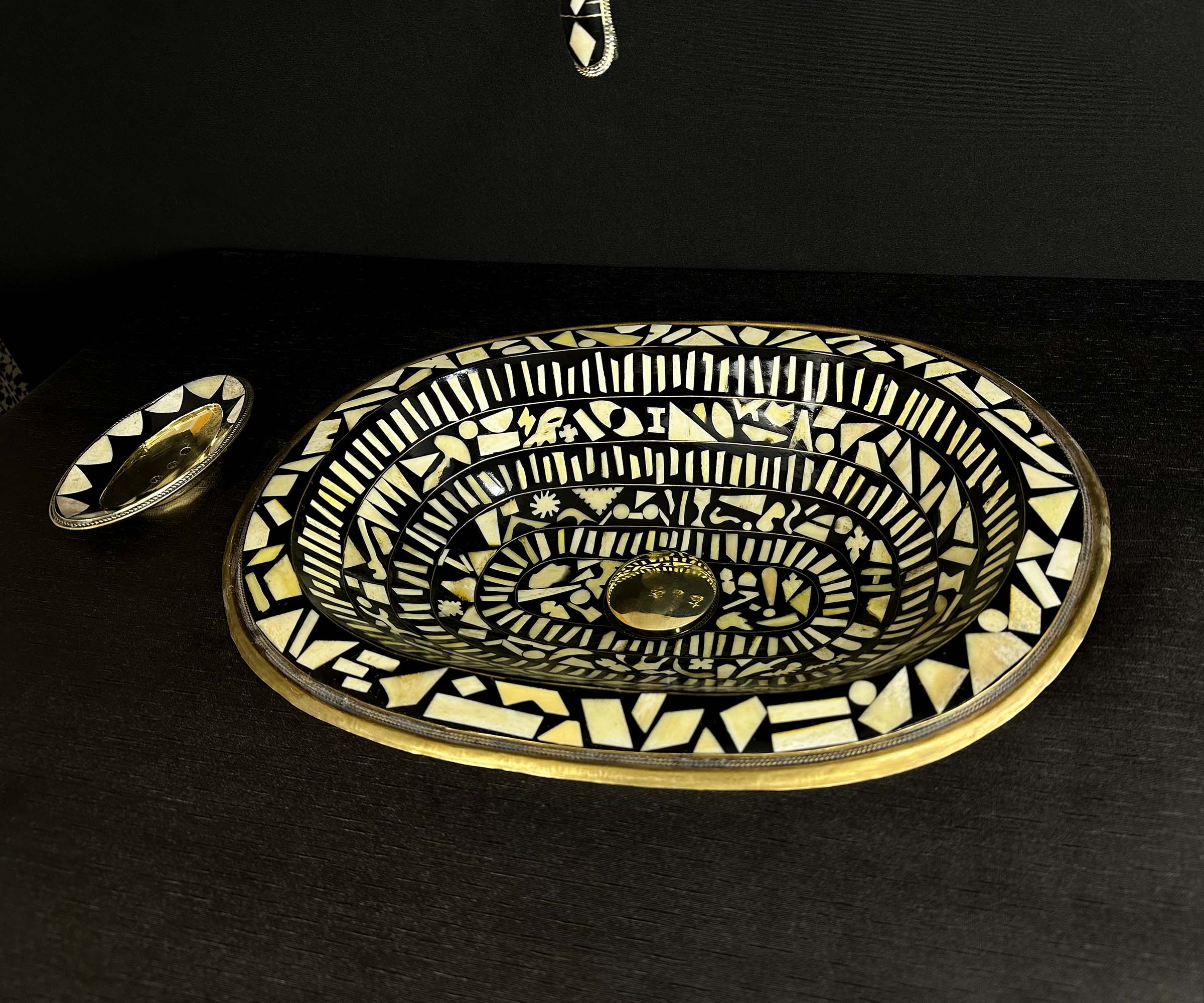 Handmade Brass Bathroom Sink with Bone and Resin - Historical Engravings