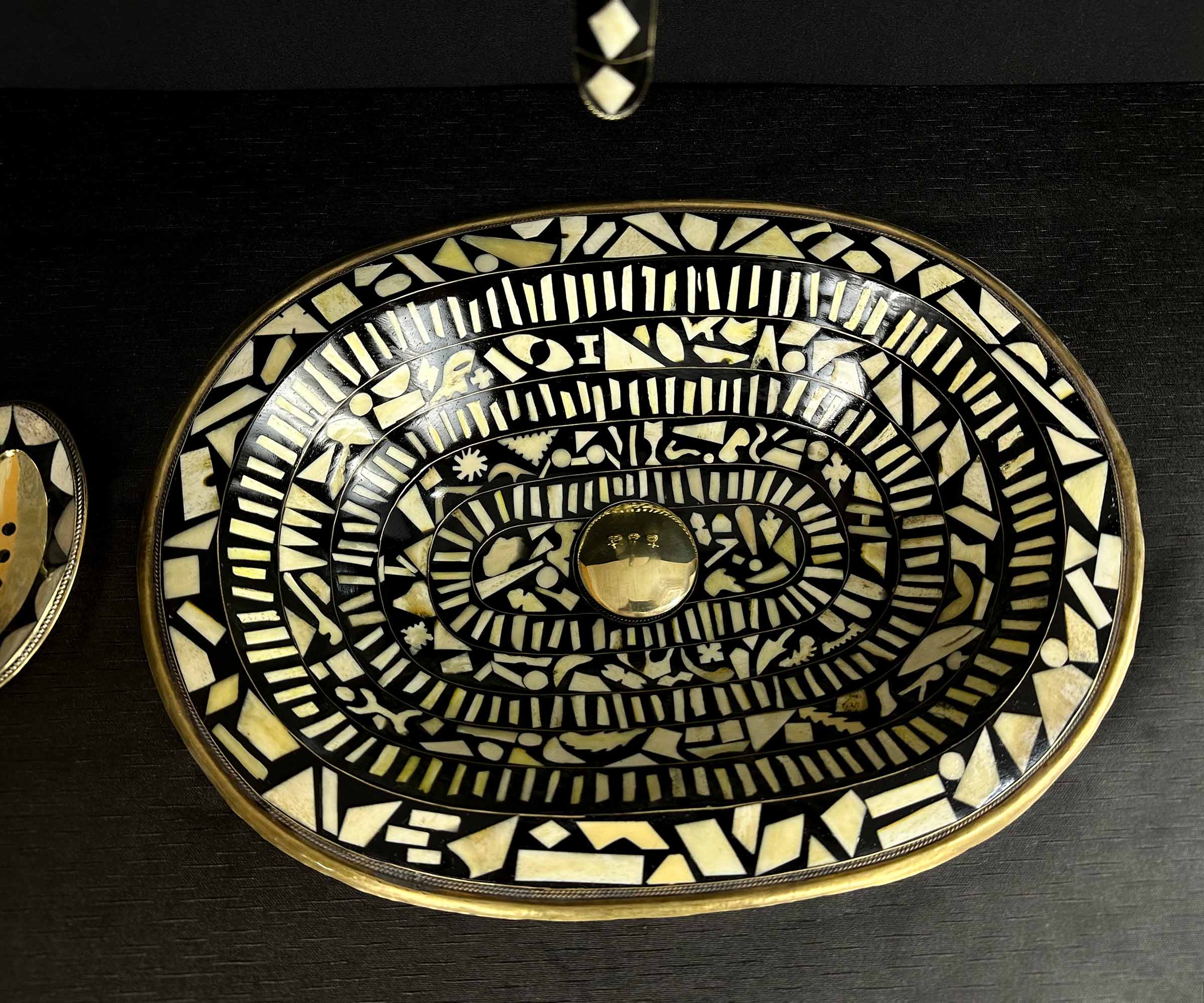 Handmade Brass Bathroom Sink with Bone and Resin - Historical Engravings