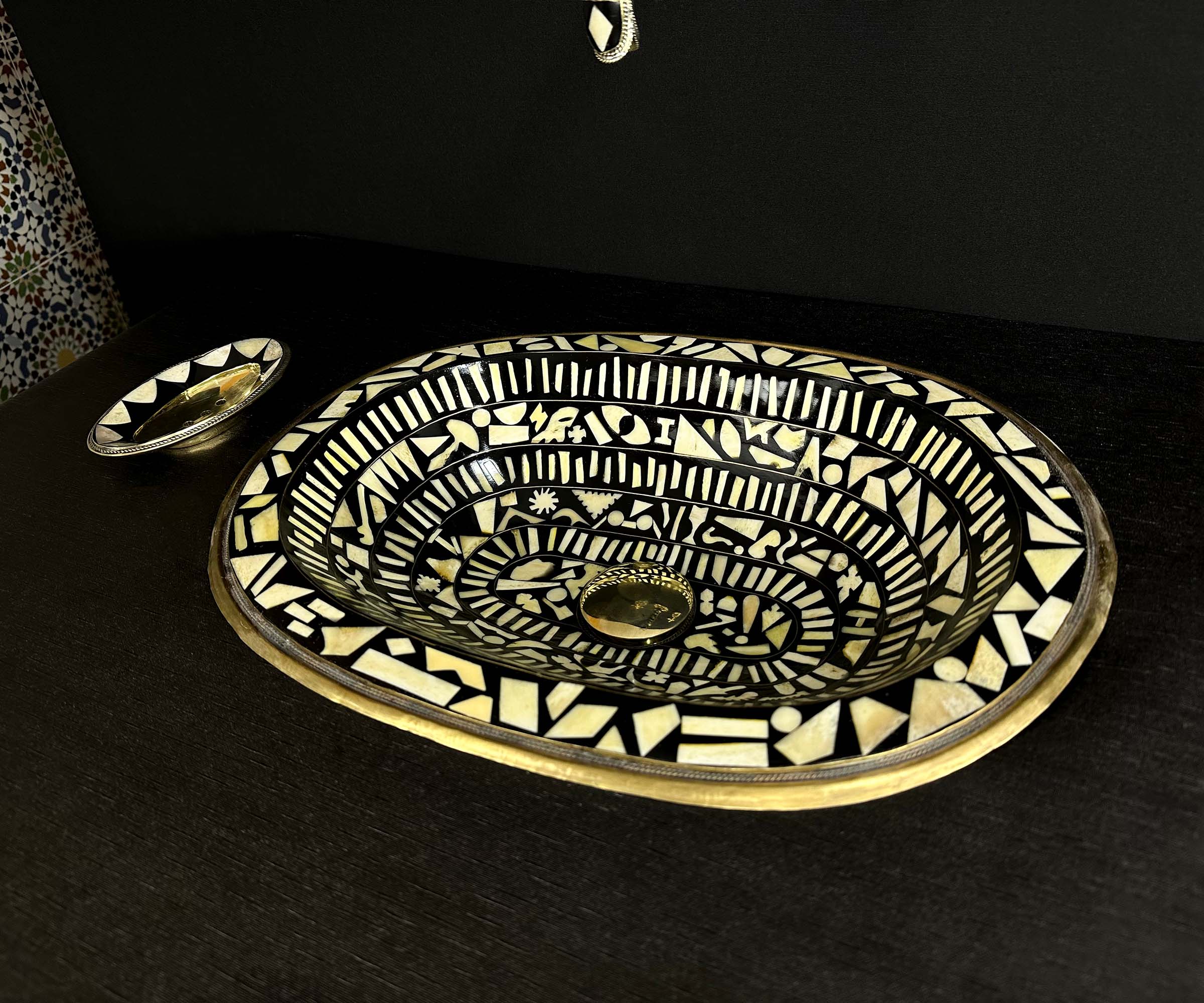 Handmade Brass Bathroom Sink with Bone and Resin - Historical Engravings