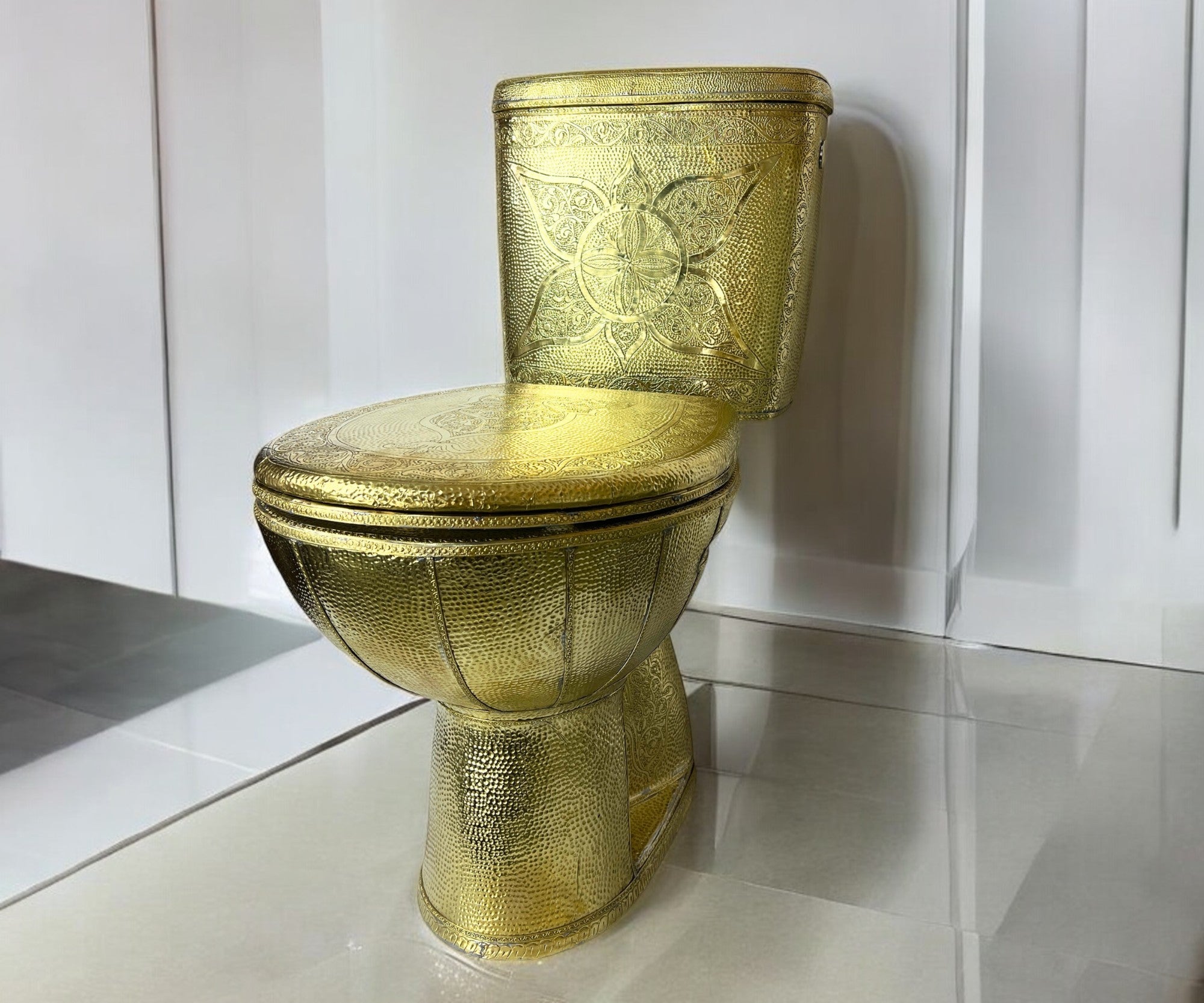 Handmade Brass Toilet with Engraved Hammered Design - LuxeBrass
