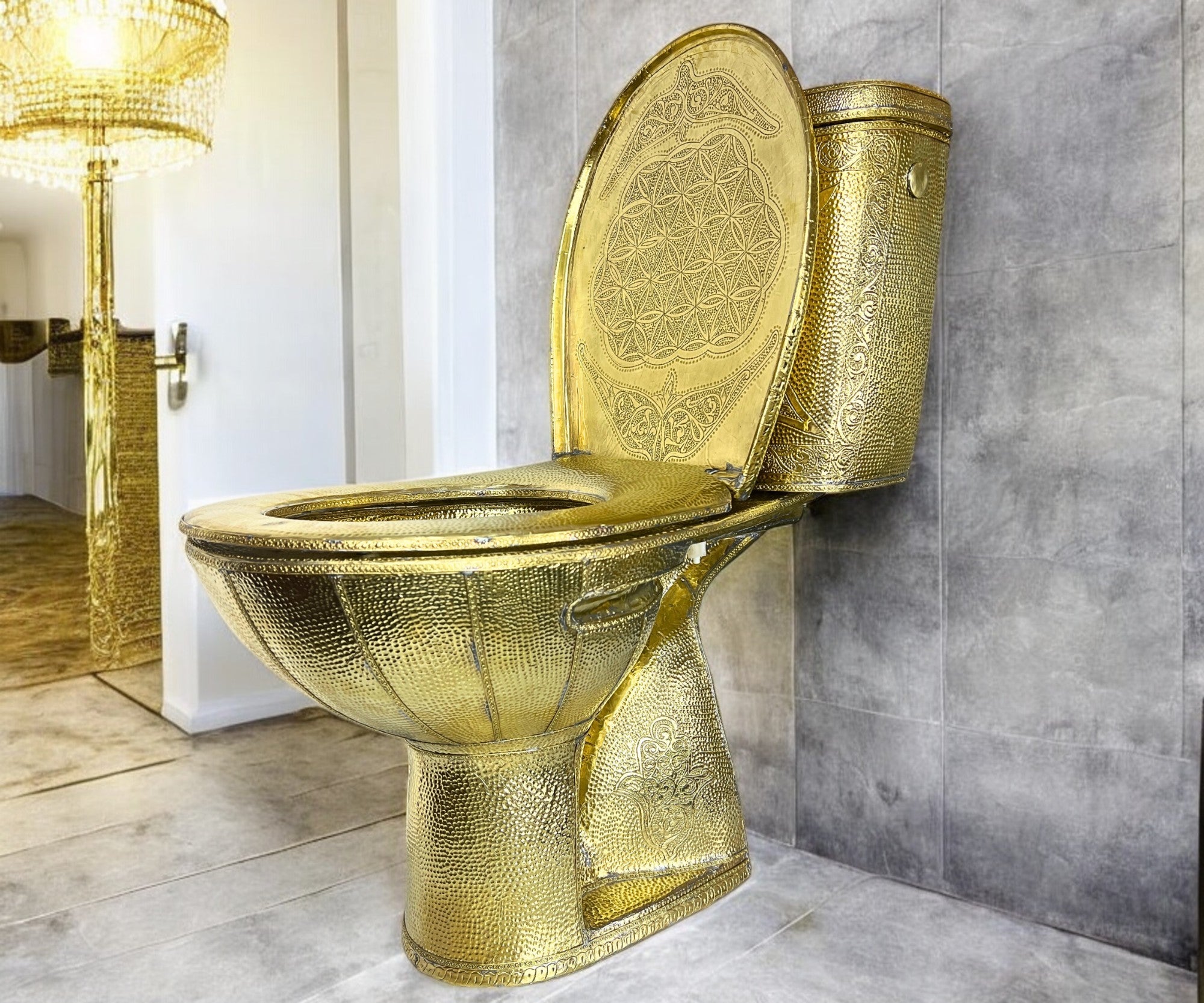 Handmade Brass Toilet with Engraved Hammered Design - LuxeBrass