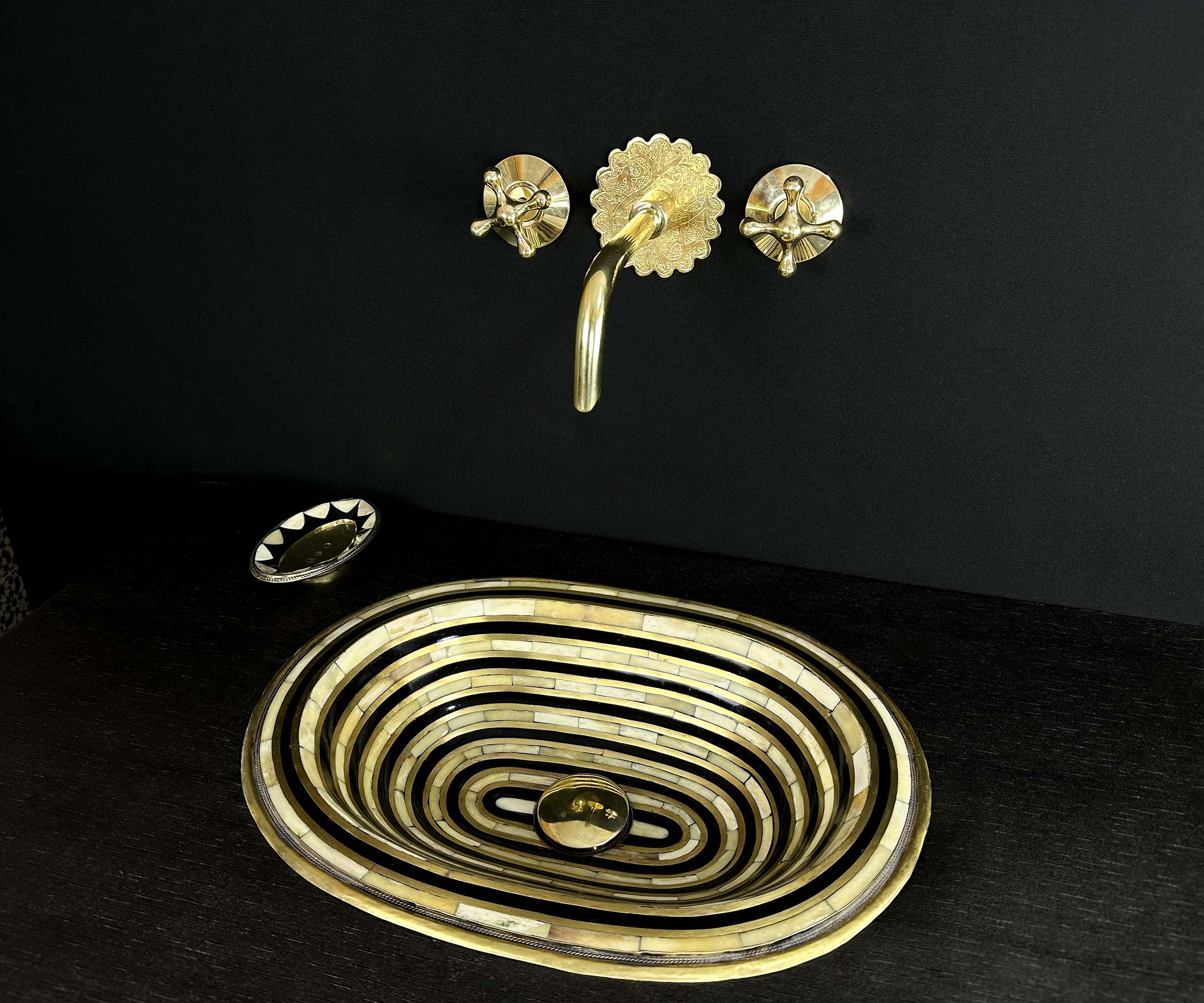 Solid Brass Bathroom Sink with Resin and Bone Accents