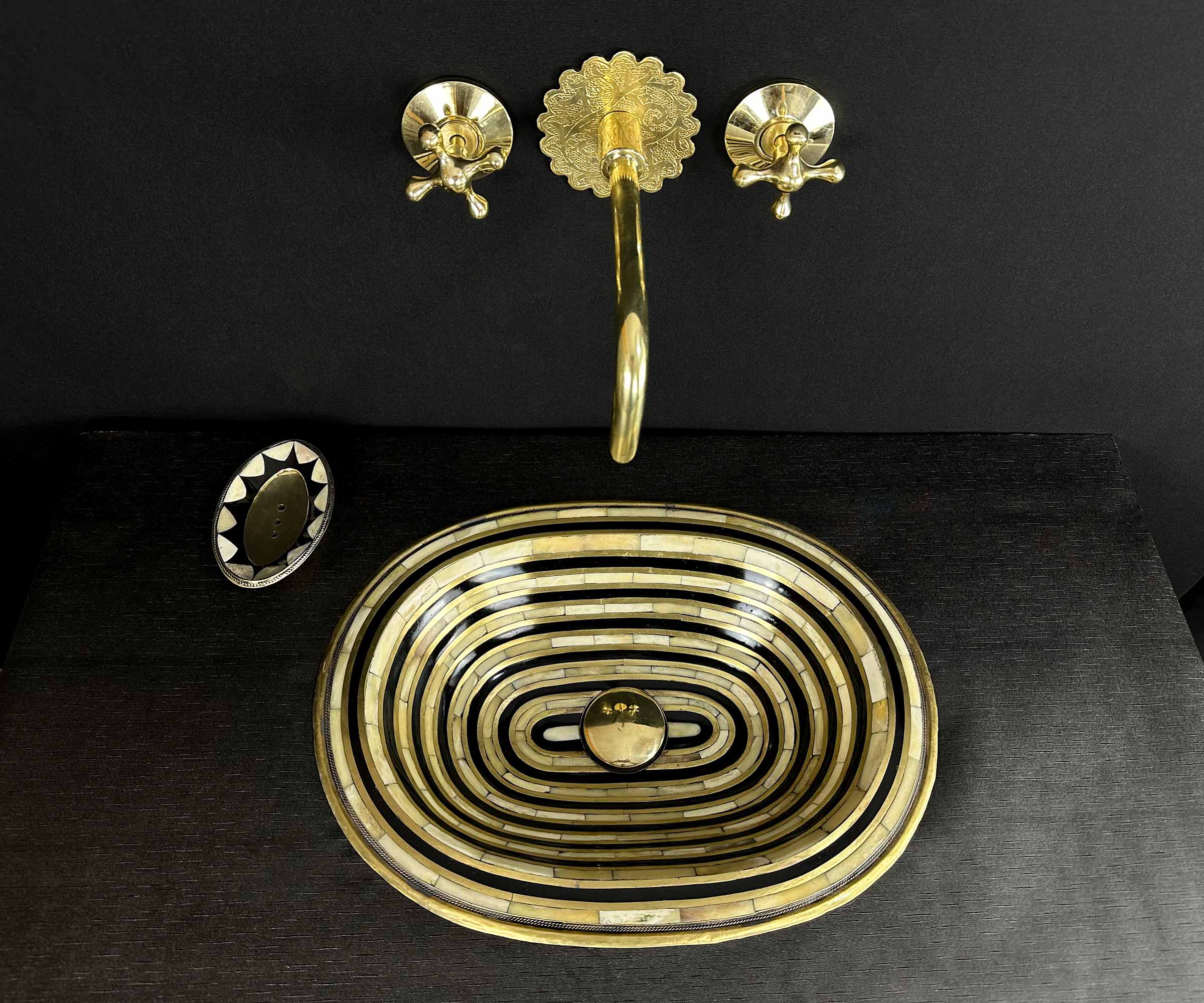 Solid Brass Bathroom Sink with Resin and Bone Accents