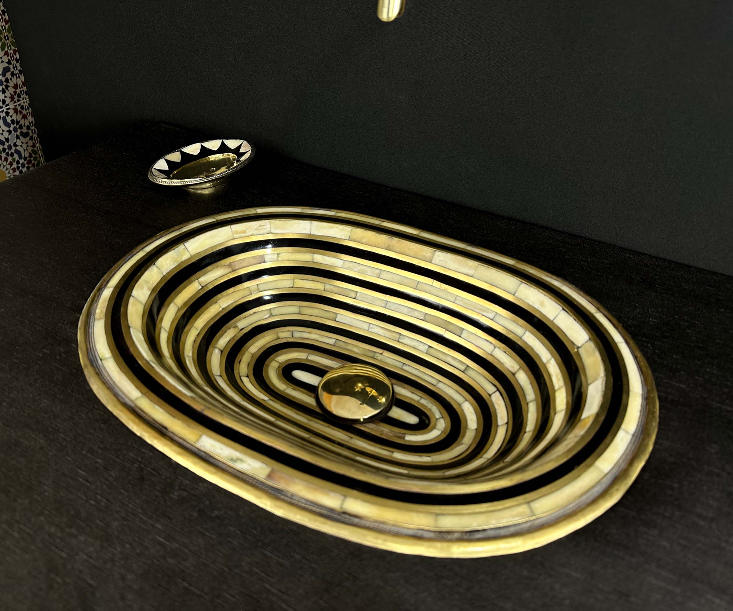 Solid Brass Bathroom Sink with Resin and Bone Accents