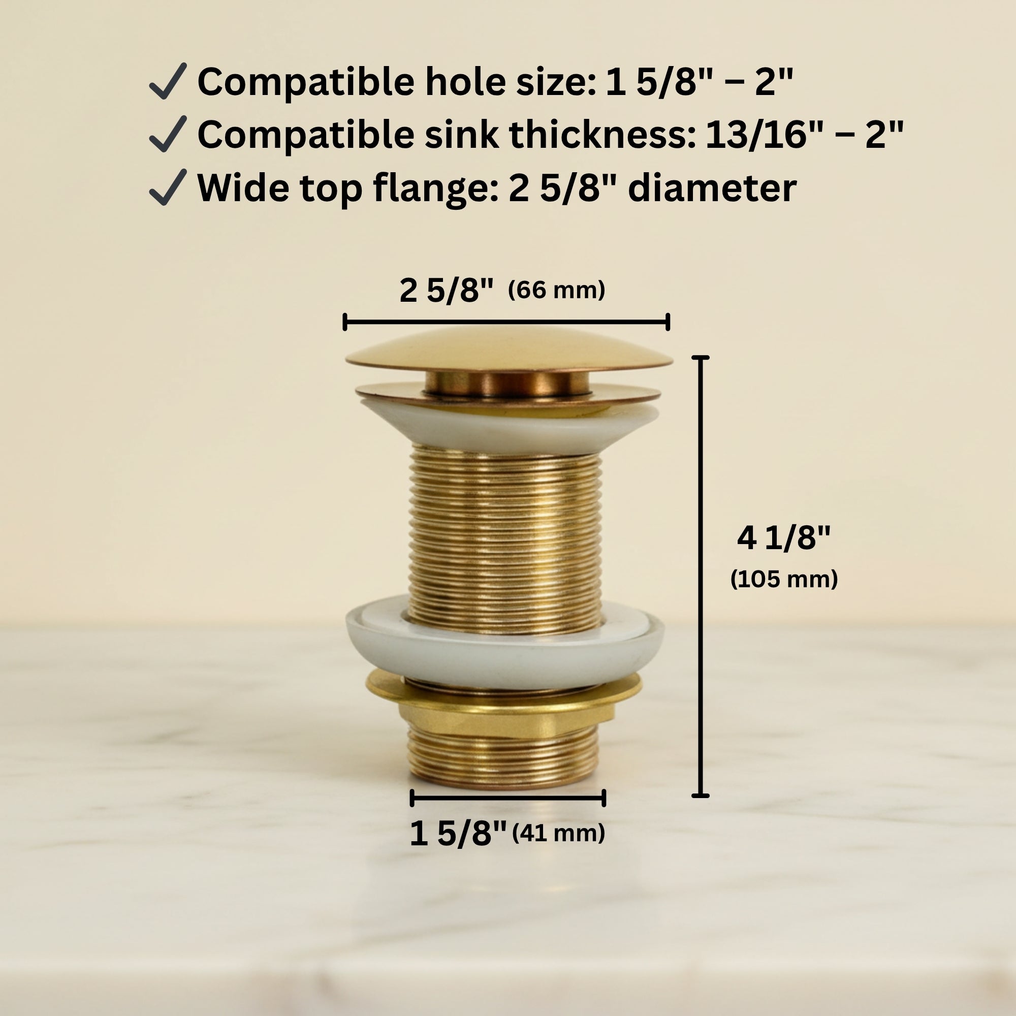 Solid Brass Pop-Up Sink Drain Stopper – Bathroom Vanity Drain Assembly, No Overflow, Universal Fit