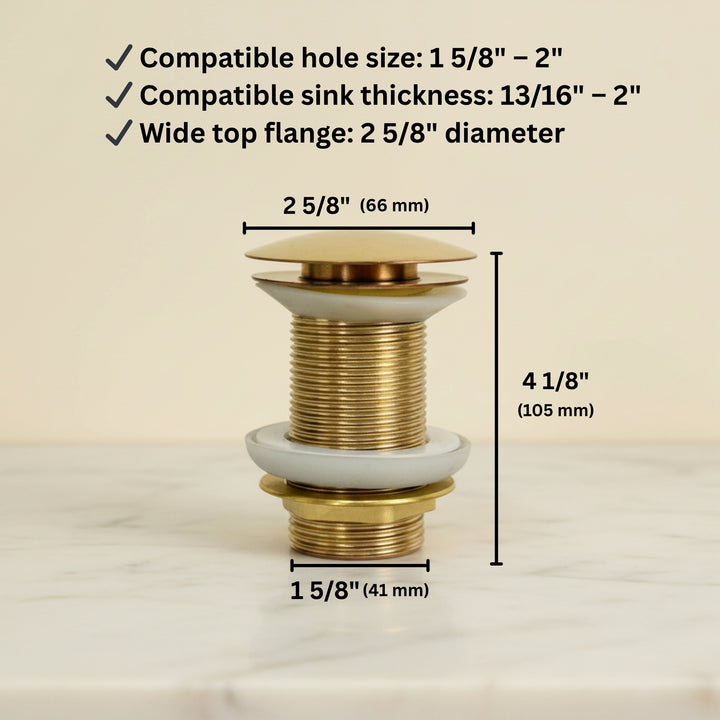 Solid Brass Pop-Up Sink Drain Stopper – Bathroom Vanity Drain Assembly, No Overflow, Universal Fit