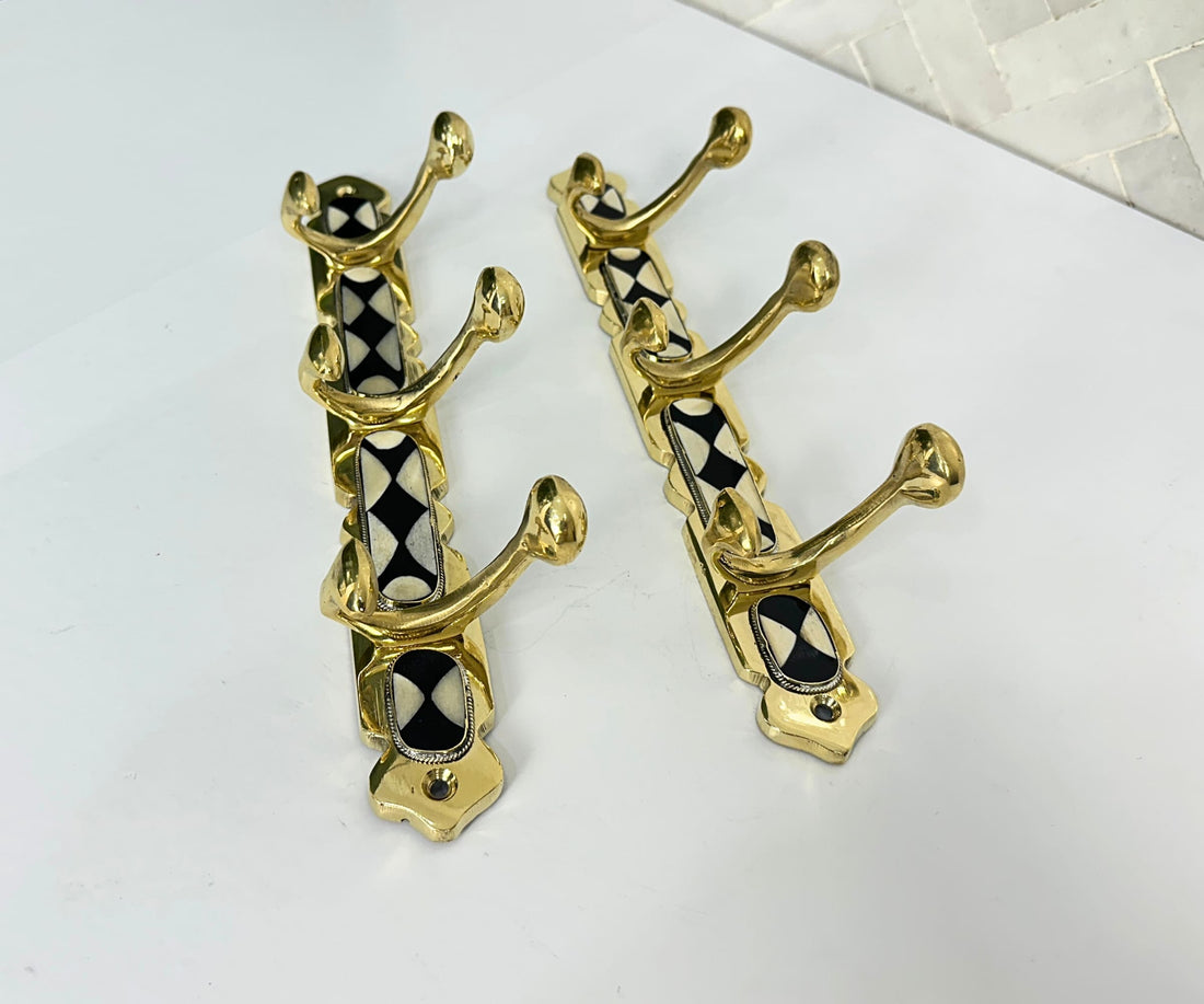 Brass Wall Hooks – Solid Brass Coat Rack with Black & White Resin