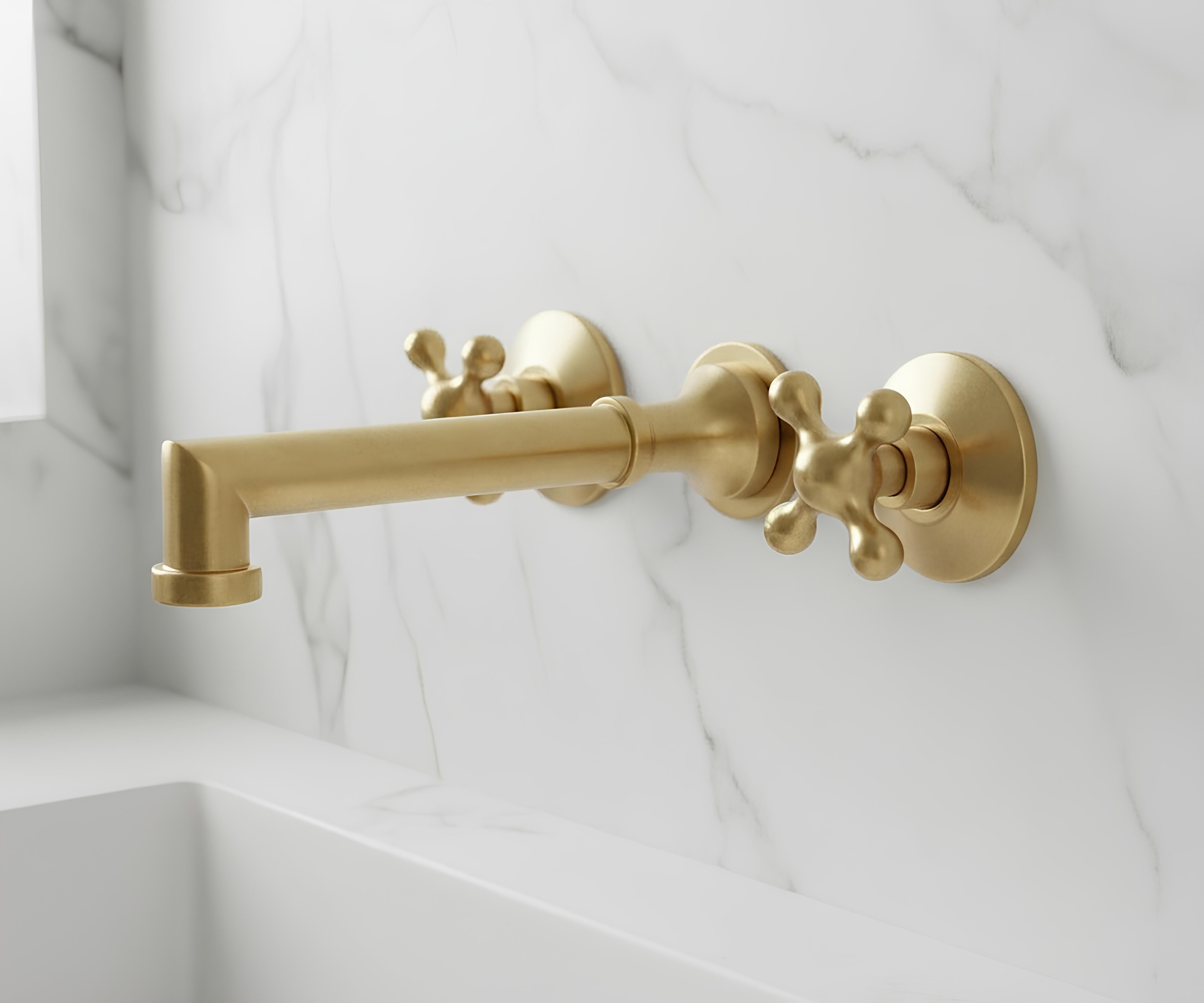 Solid Brass Wall Mount Bathroom Faucet – 8" Spout Vessel Sink Tap, Unlacquered Brass