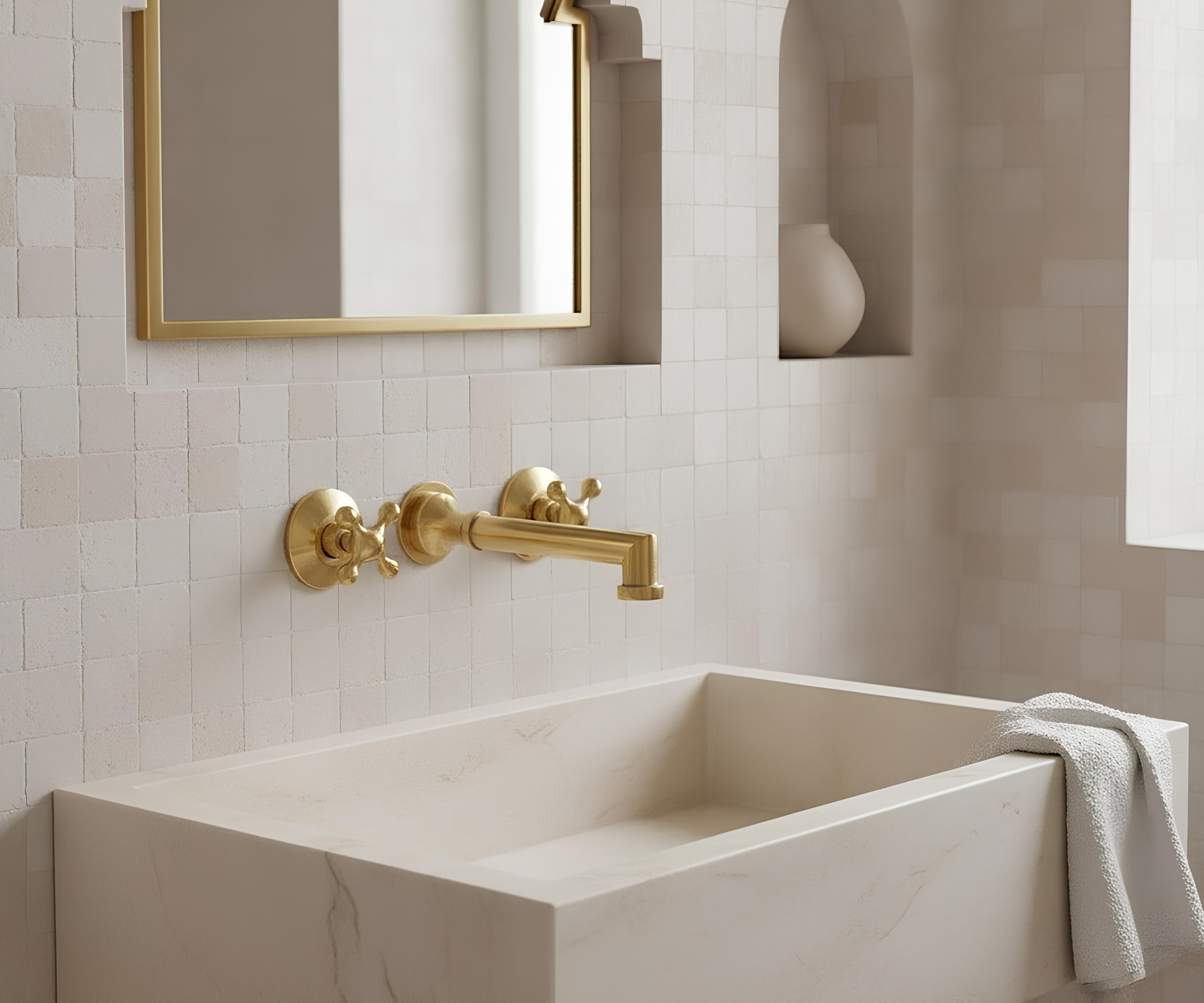 Solid Brass Wall Mount Bathroom Faucet – 8" Spout Vessel Sink Tap, Unlacquered Brass