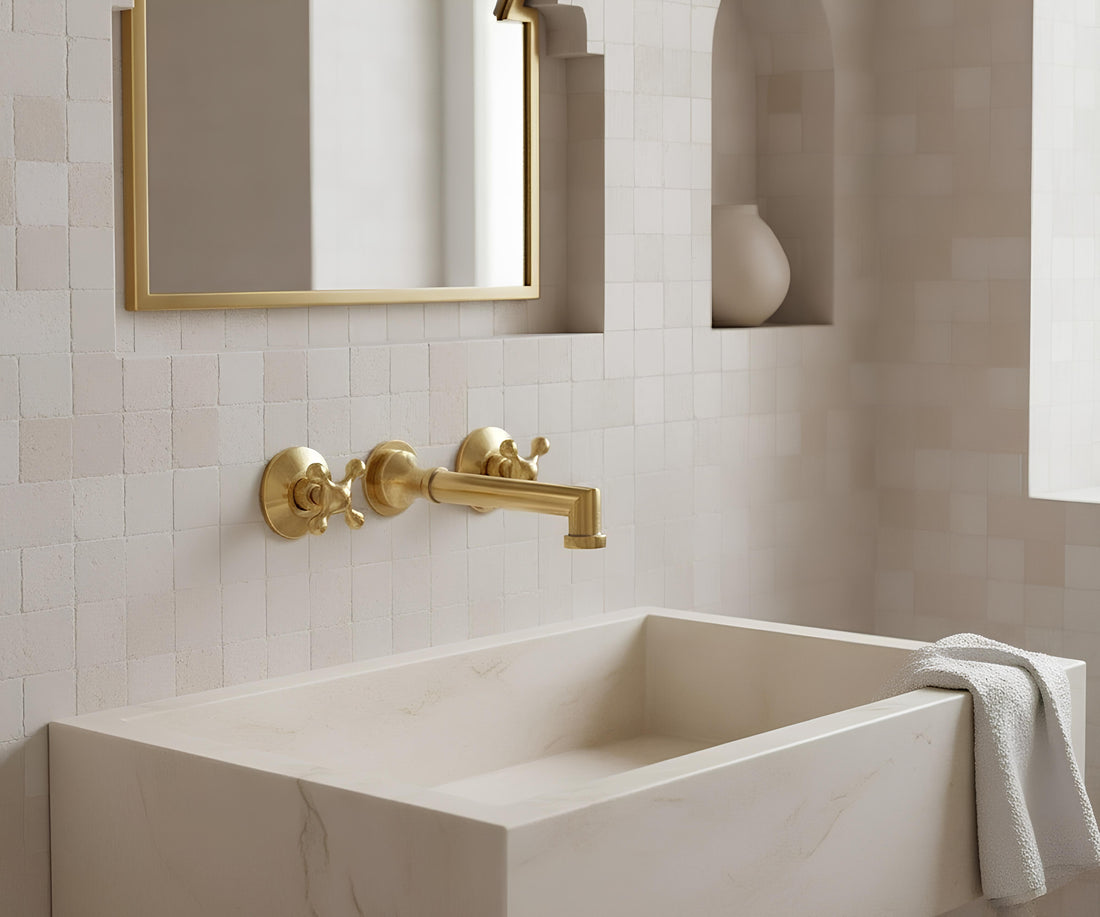 Solid Brass Wall Mount Bathroom Faucet – 8" Spout Vessel Sink Tap, Unlacquered Brass