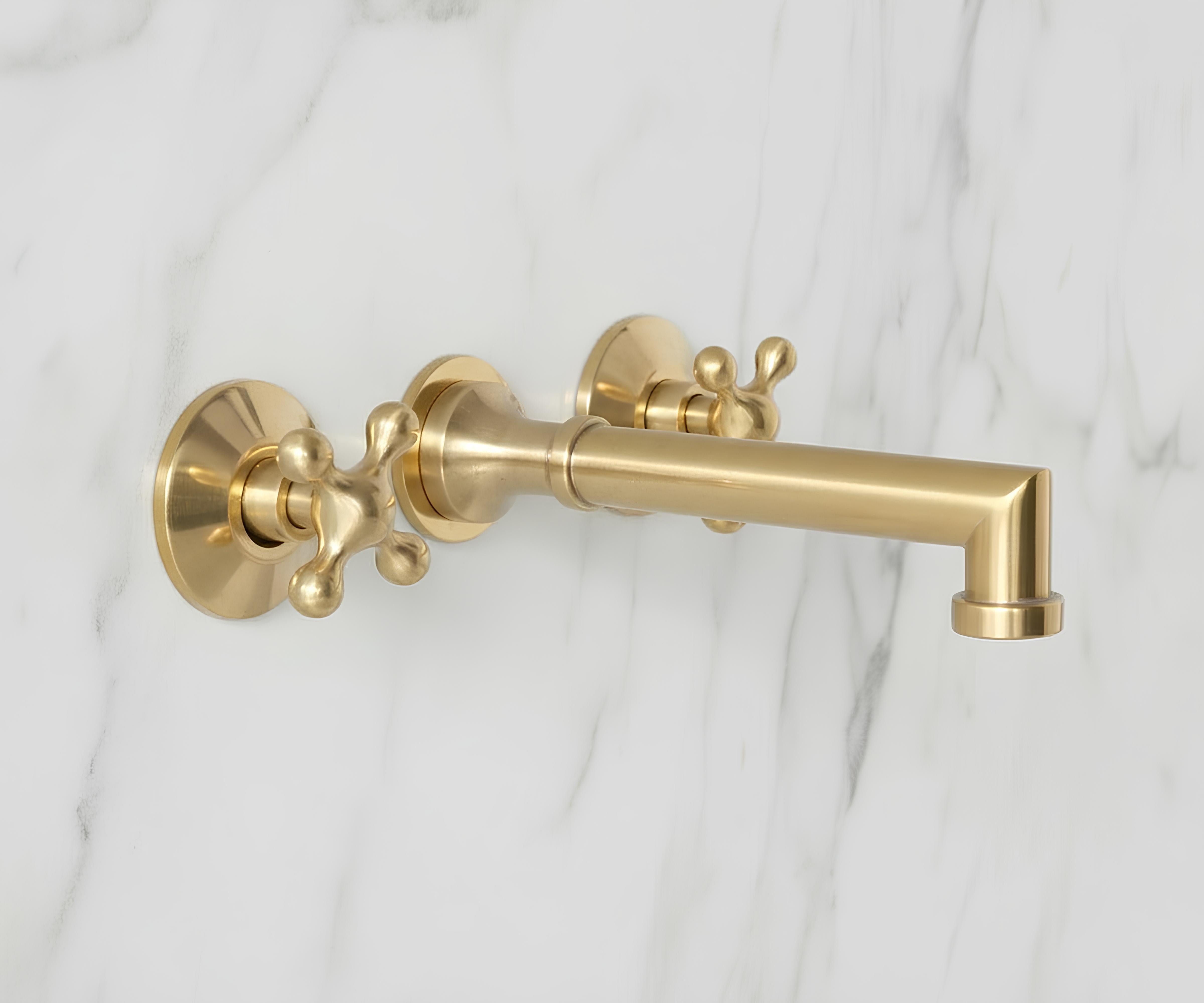 Solid Brass Wall Mount Bathroom Faucet – 8" Spout Vessel Sink Tap, Unlacquered Brass