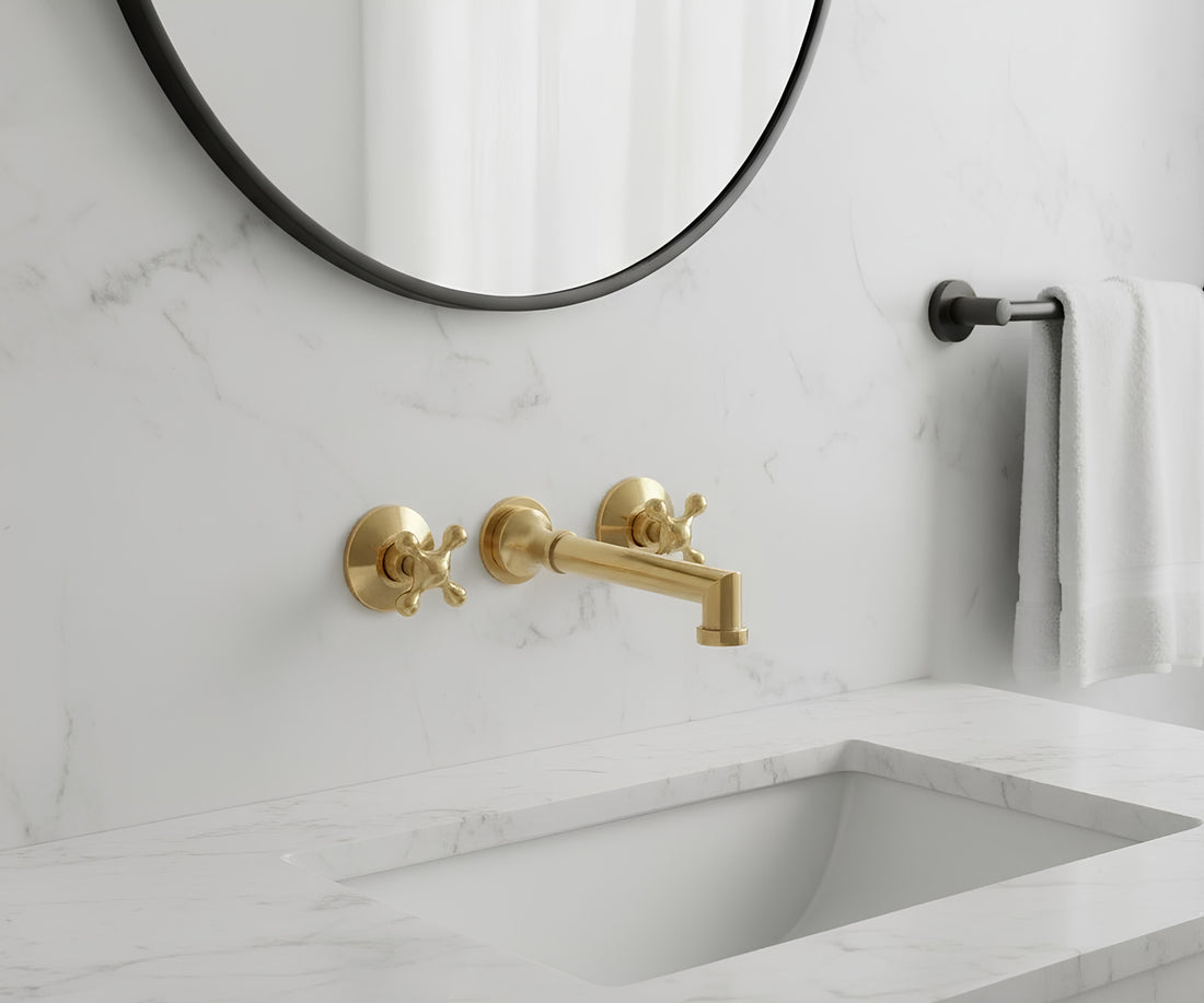 Solid Brass Wall Mount Bathroom Faucet – 8" Spout Vessel Sink Tap, Unlacquered Brass