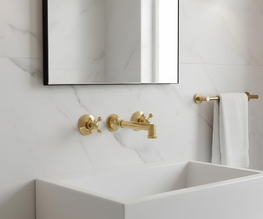 Solid Brass Wall Mount Bathroom Faucet – 8" Spout Vessel Sink Tap, Unlacquered Brass