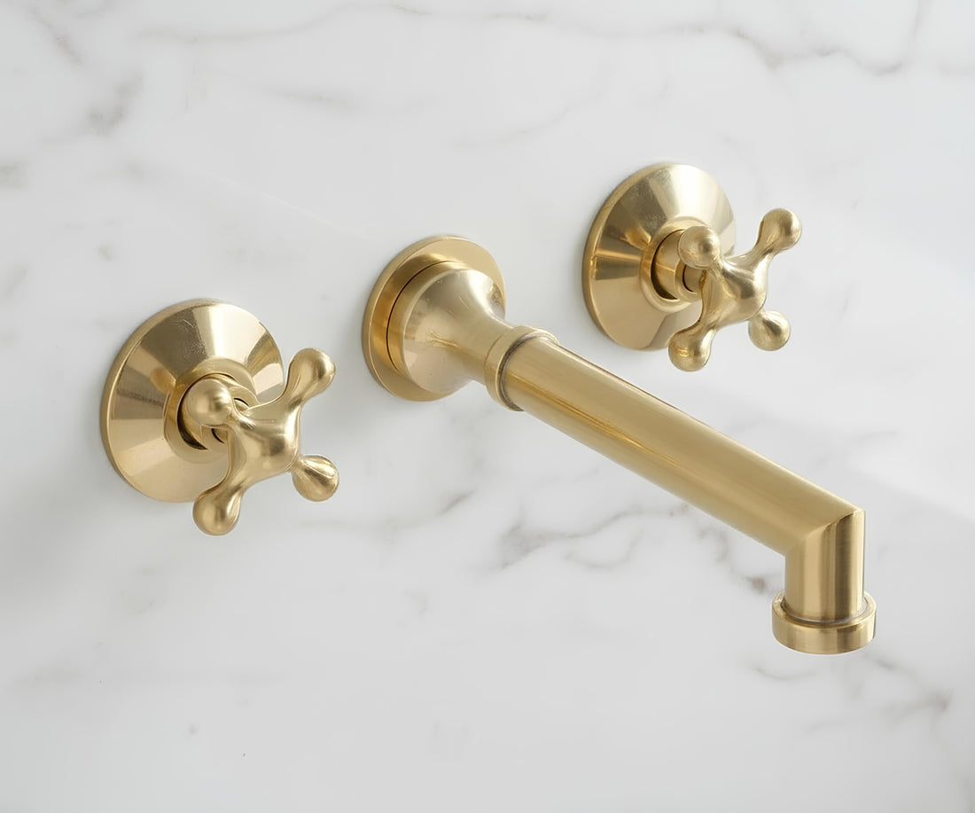 Solid Brass Wall Mount Bathroom Faucet – 8" Spout Vessel Sink Tap, Unlacquered Brass