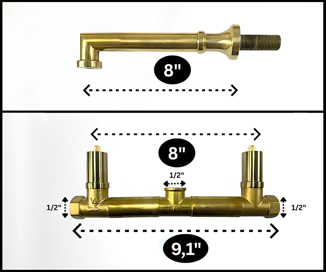 Solid Brass Wall Mount Bathroom Faucet – 8" Spout Vessel Sink Tap, Unlacquered Brass