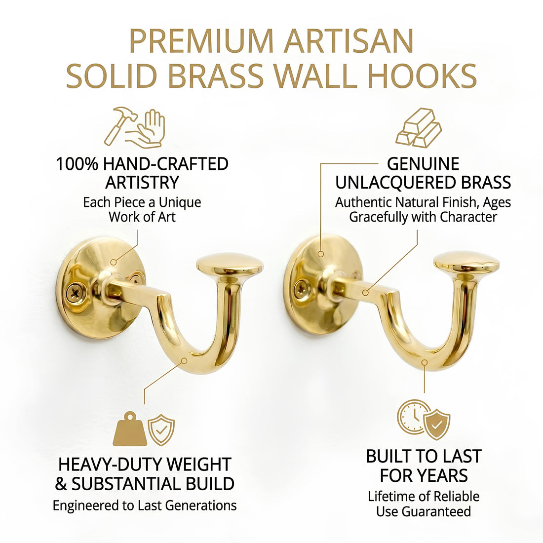 Brass Wall Hooks Set of 2 J Shaped Coat & Robe Hooks