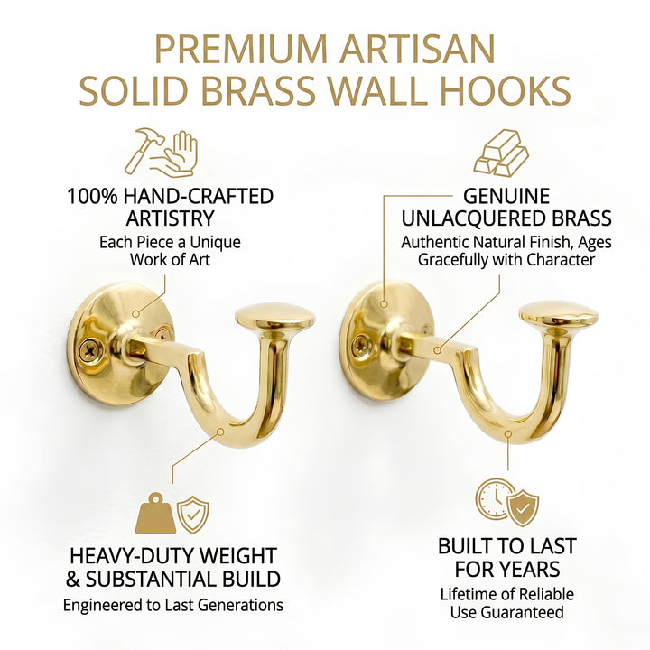 Brass Wall Hooks Set of 2 J Shaped Coat & Robe Hooks