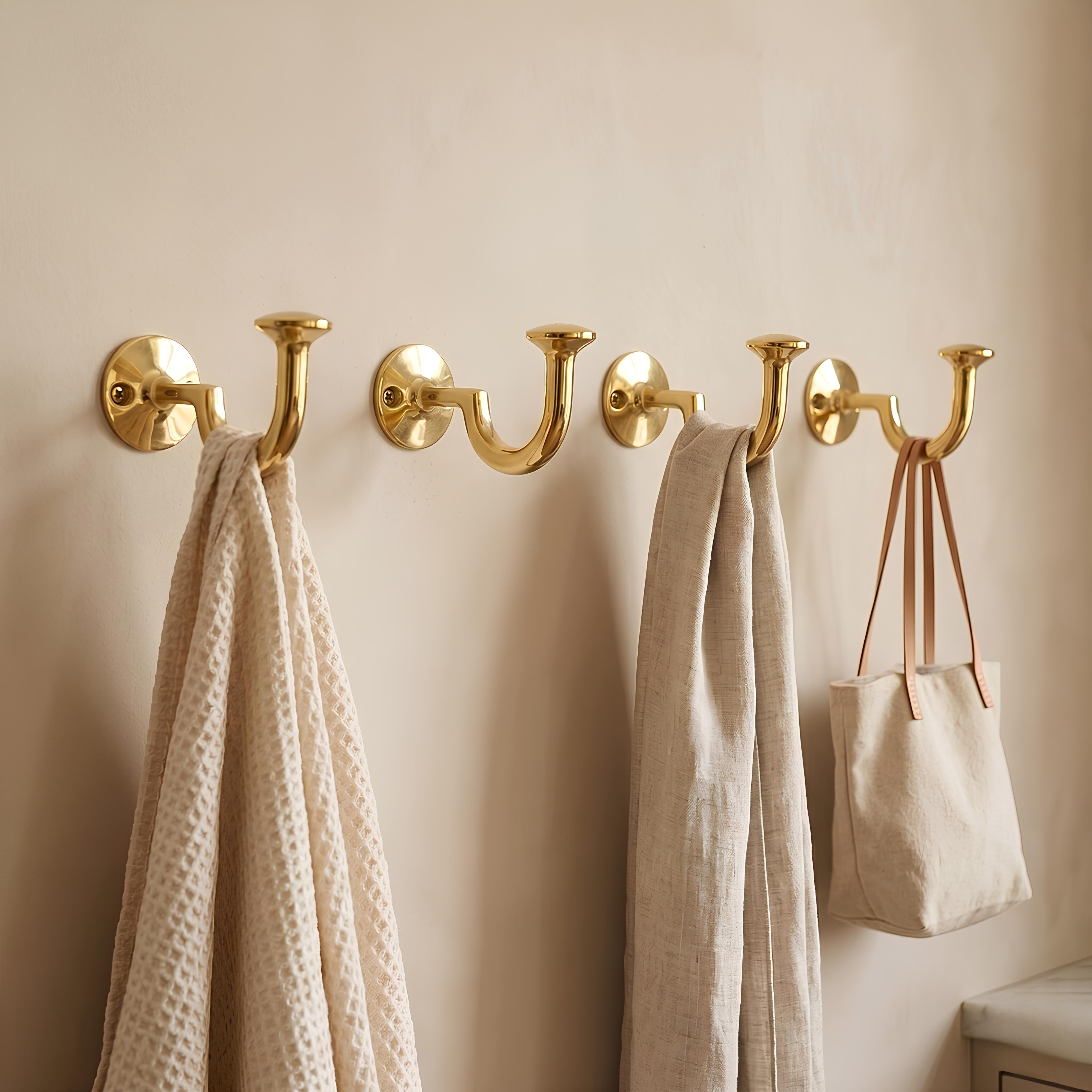Brass Wall Hooks Set of 2 J Shaped Coat & Robe Hooks