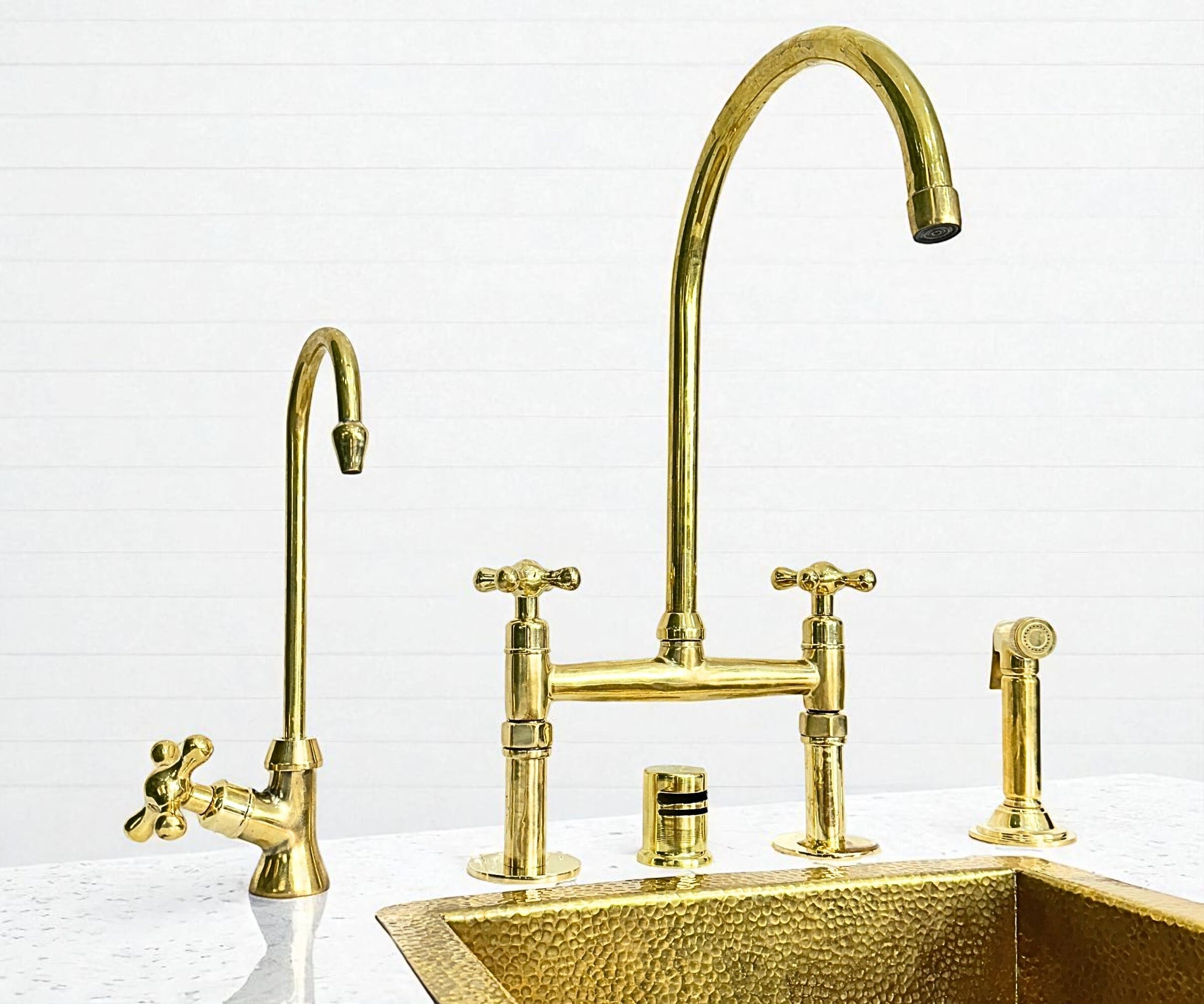 Artisan Unlacquered Brass Bridge Faucet with Sprayer & Cold Water Tap – LuxeBrass