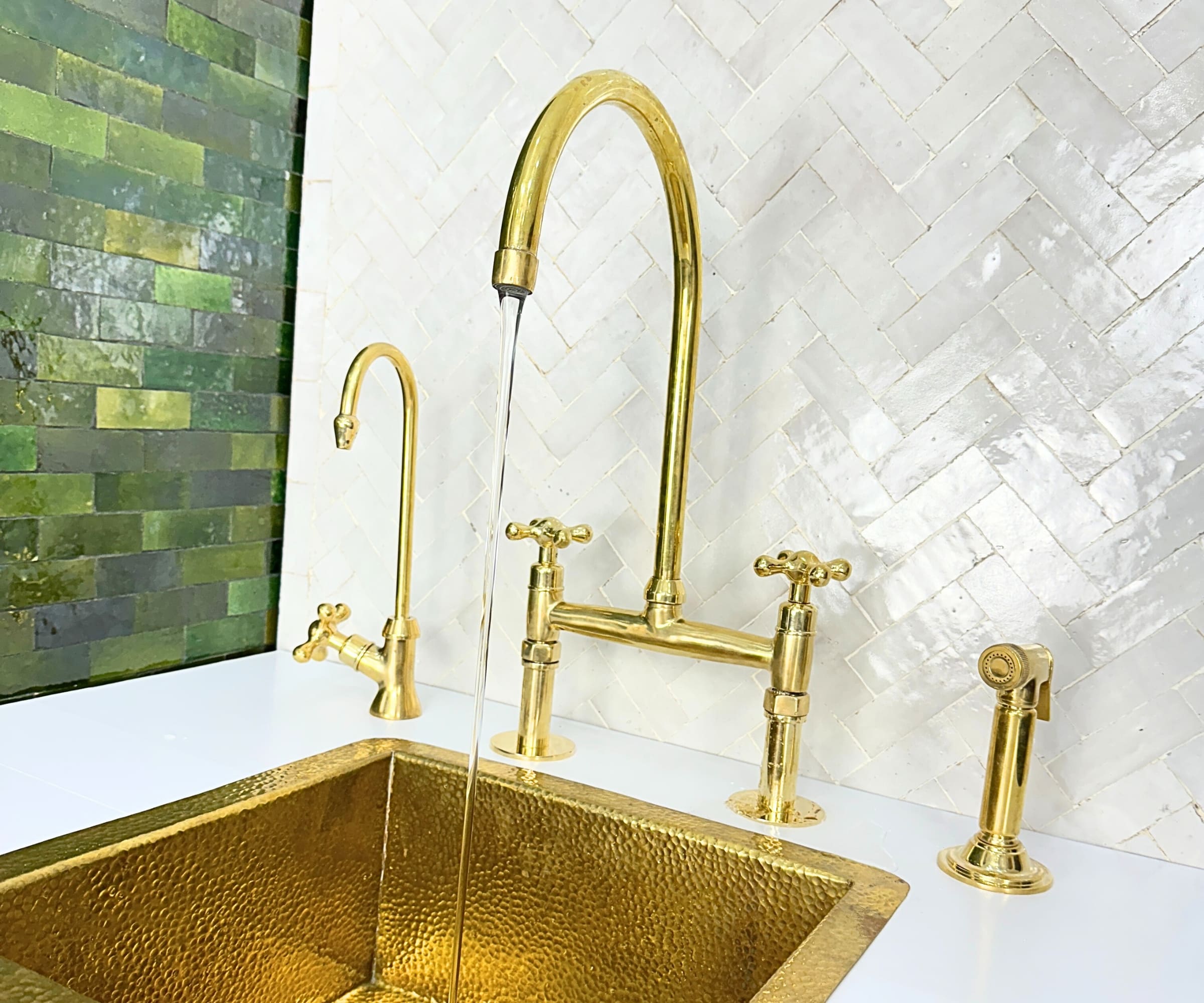 Artisan Unlacquered Brass Bridge Faucet with Sprayer & Cold Water Tap – LuxeBrass