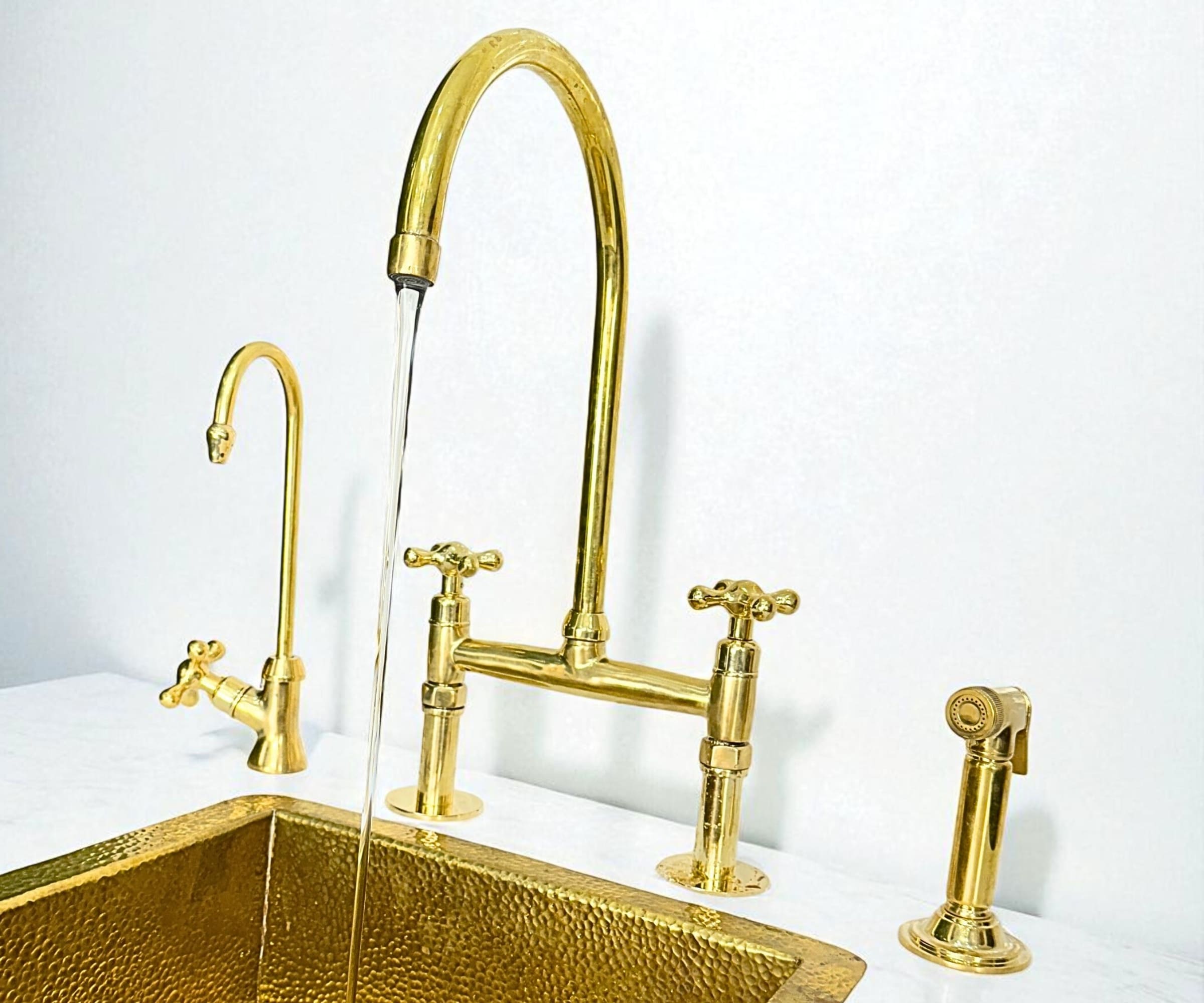 Artisan Unlacquered Brass Bridge Faucet with Sprayer & Cold Water Tap – LuxeBrass