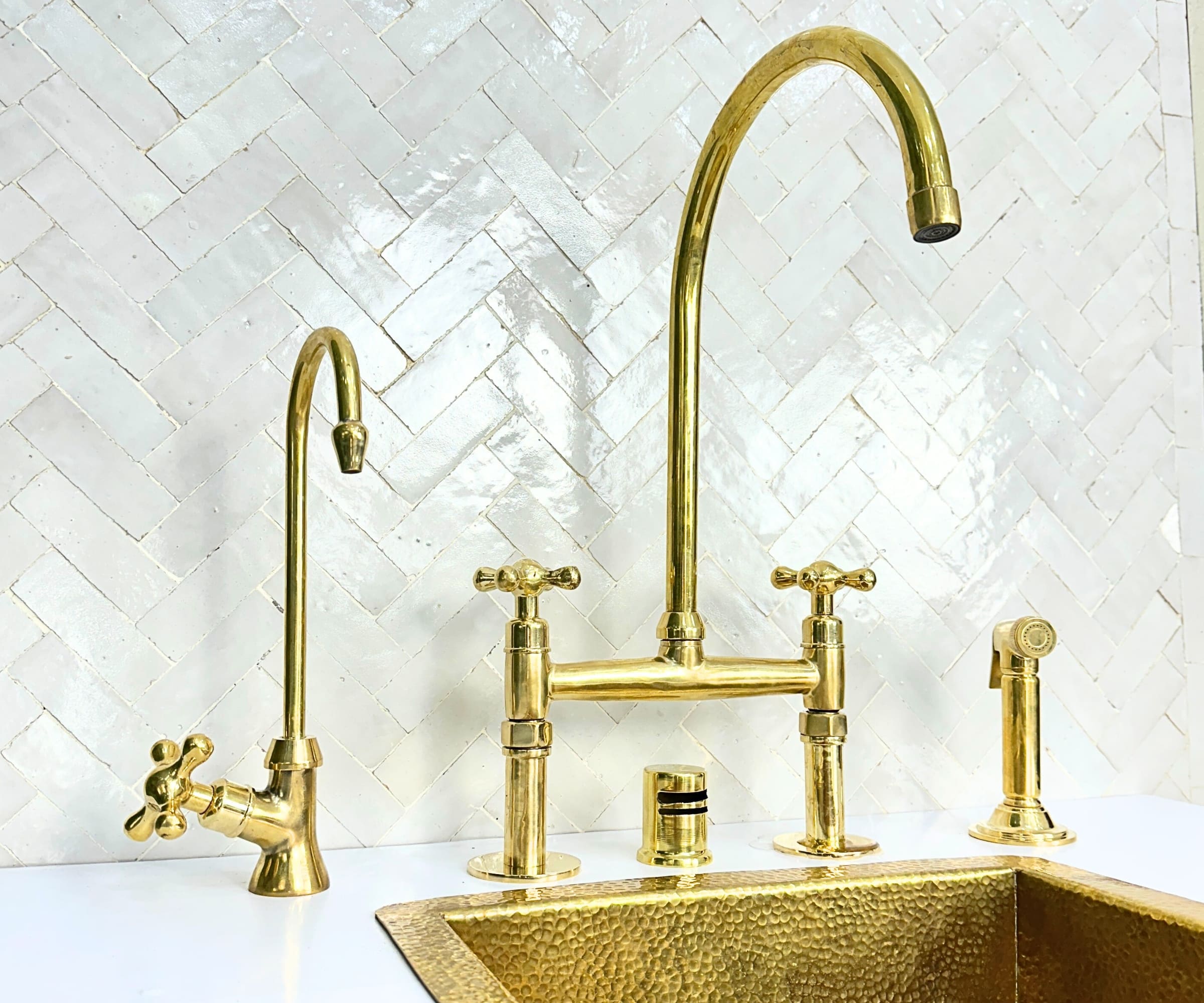 Artisan Unlacquered Brass Bridge Faucet with Sprayer & Cold Water Tap – LuxeBrass
