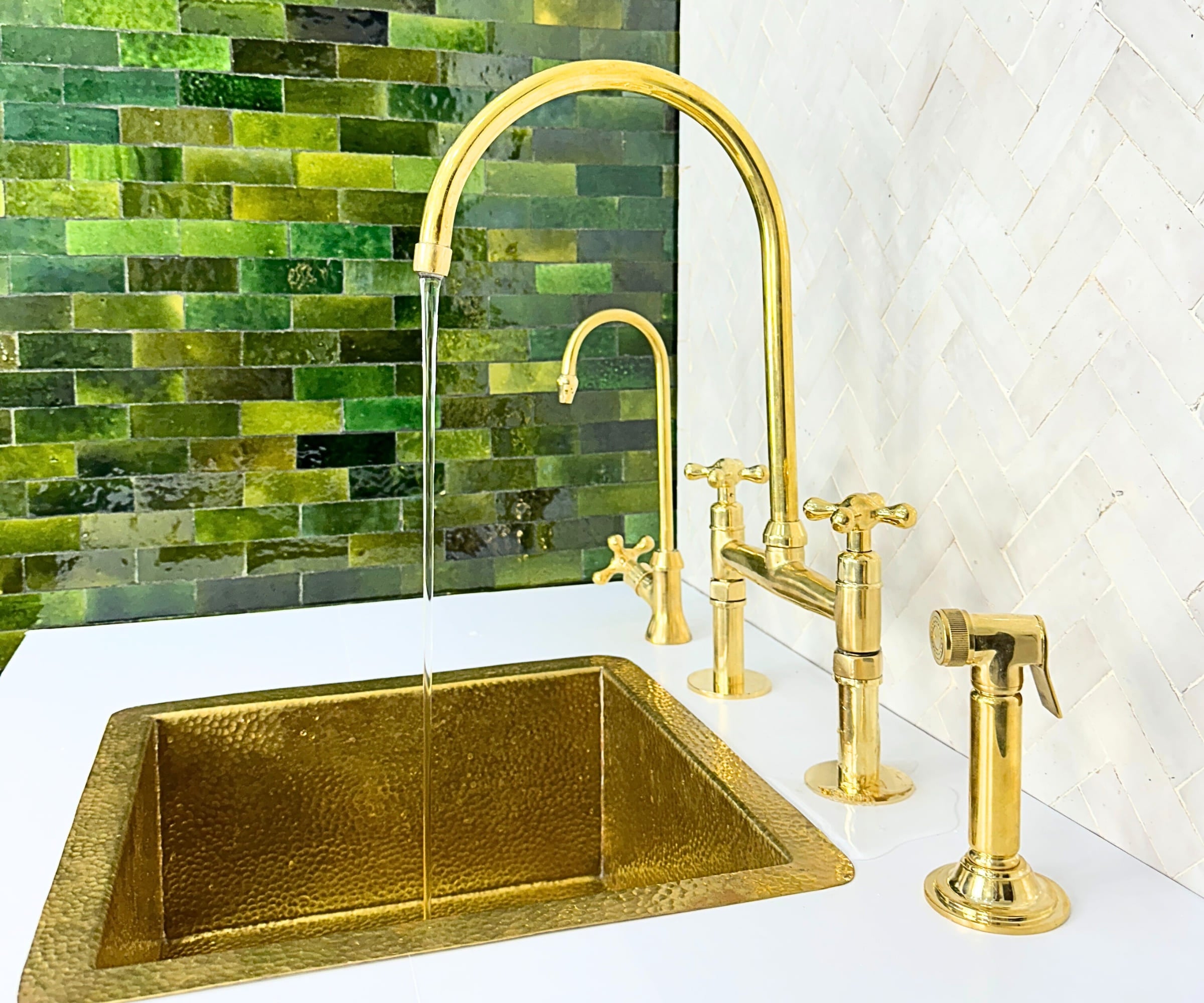 Artisan Unlacquered Brass Bridge Faucet with Sprayer & Cold Water Tap – LuxeBrass