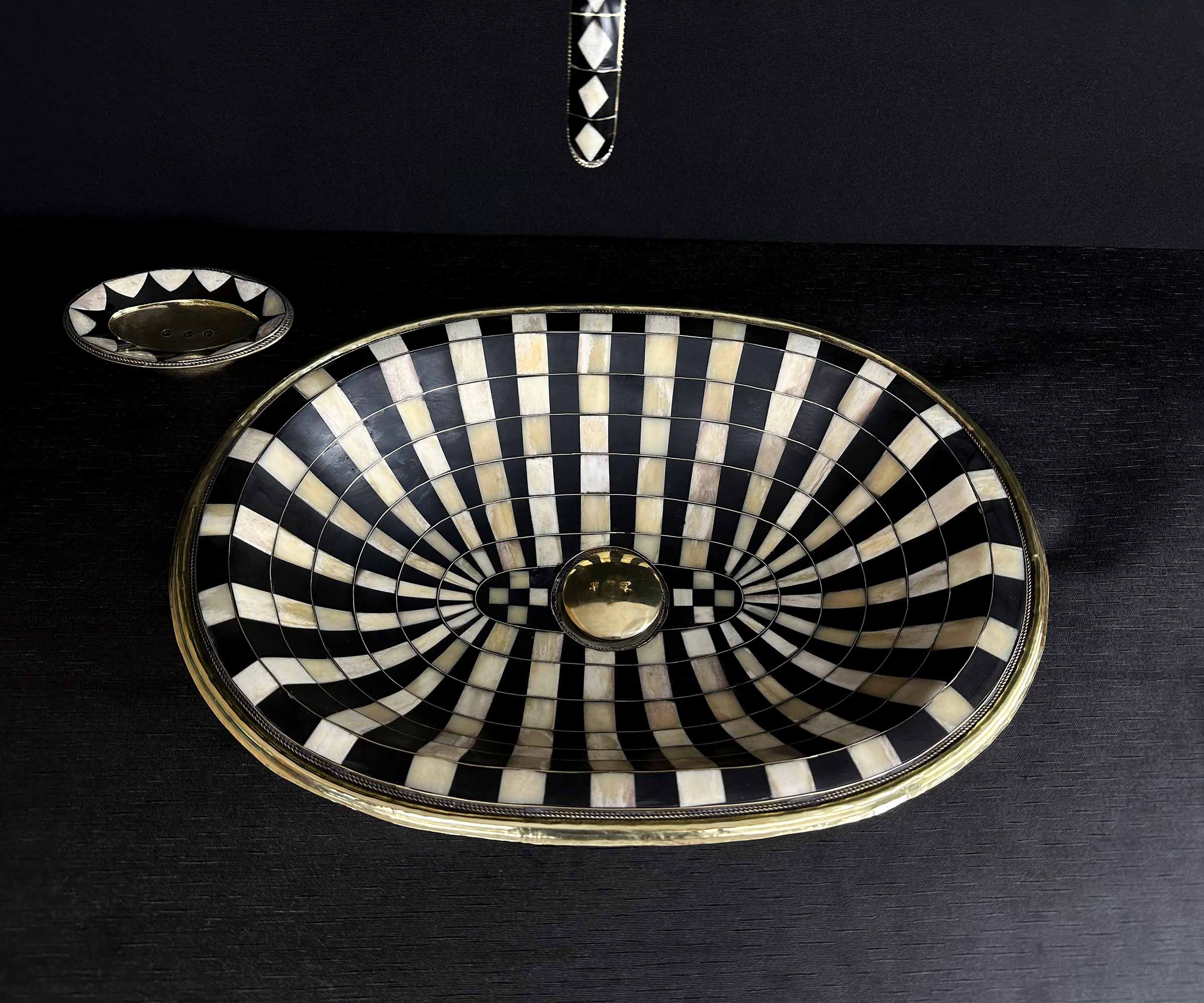 Unlacquered Brass Drop-In Sink Adorned with Resin and Bone Elements 