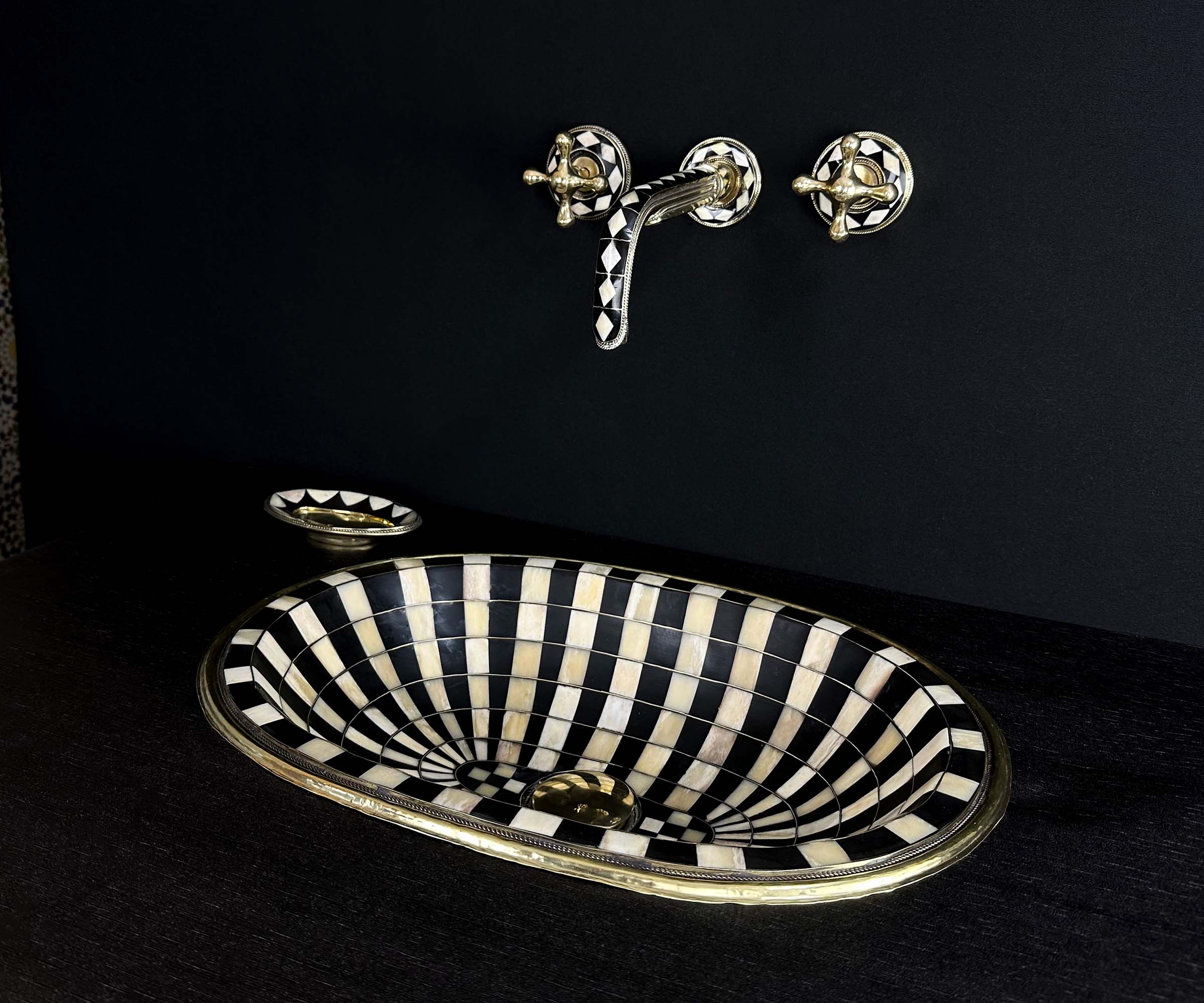 Unlacquered Brass Drop-In Sink Adorned with Resin and Bone Elements 