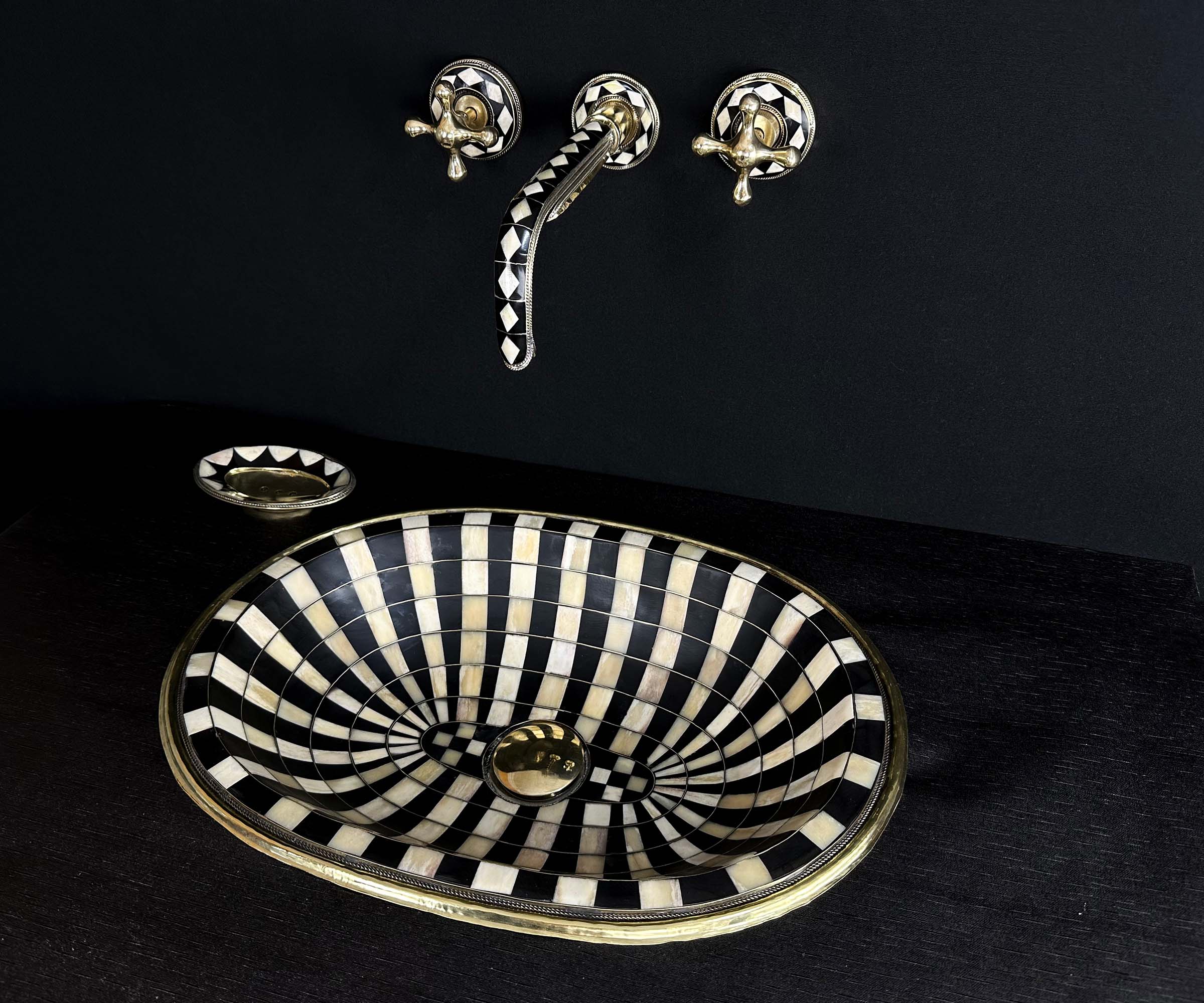 Unlacquered Brass Drop-In Sink Adorned with Resin and Bone Elements 