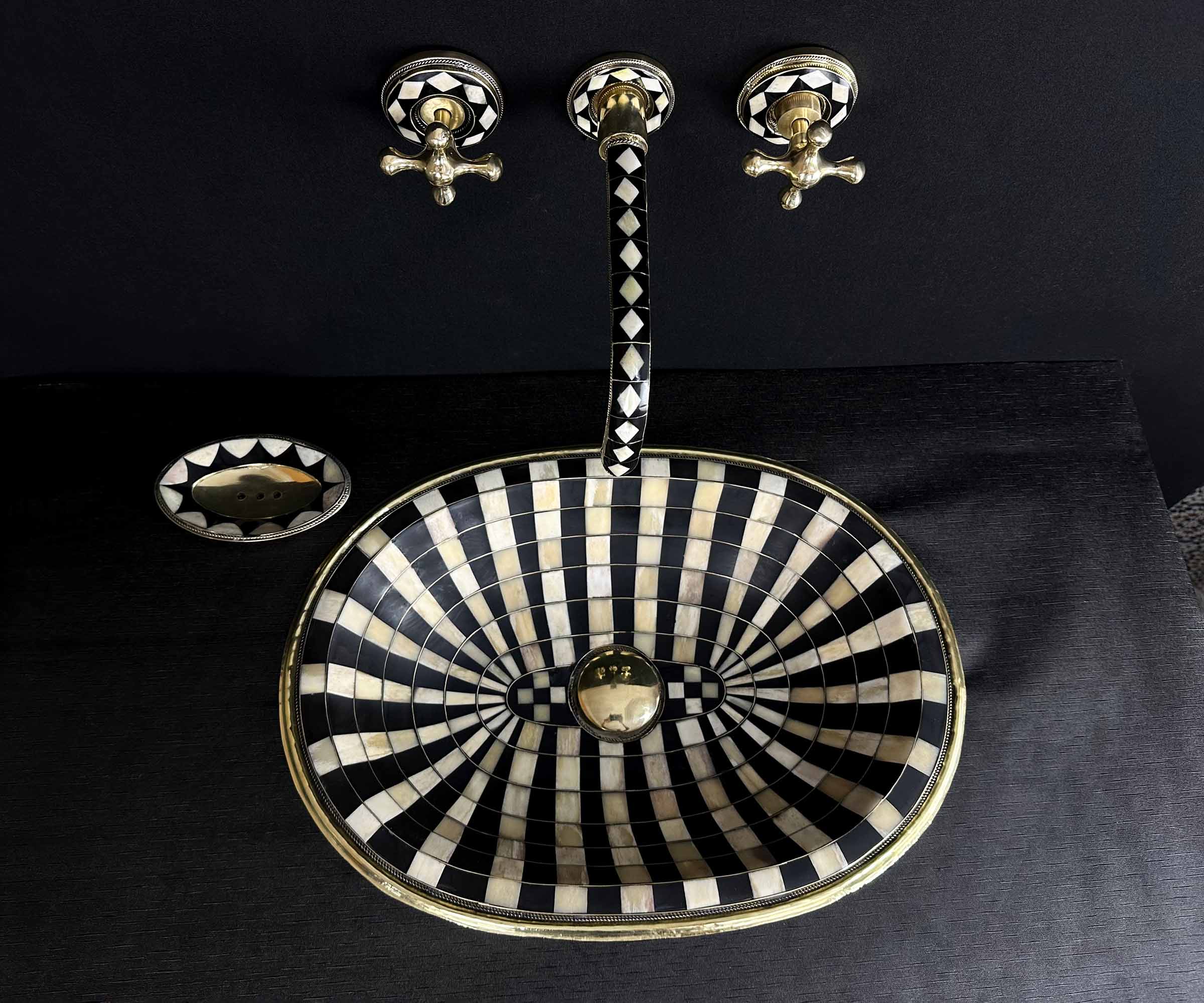 Unlacquered Brass Drop-In Sink Adorned with Resin and Bone Elements 