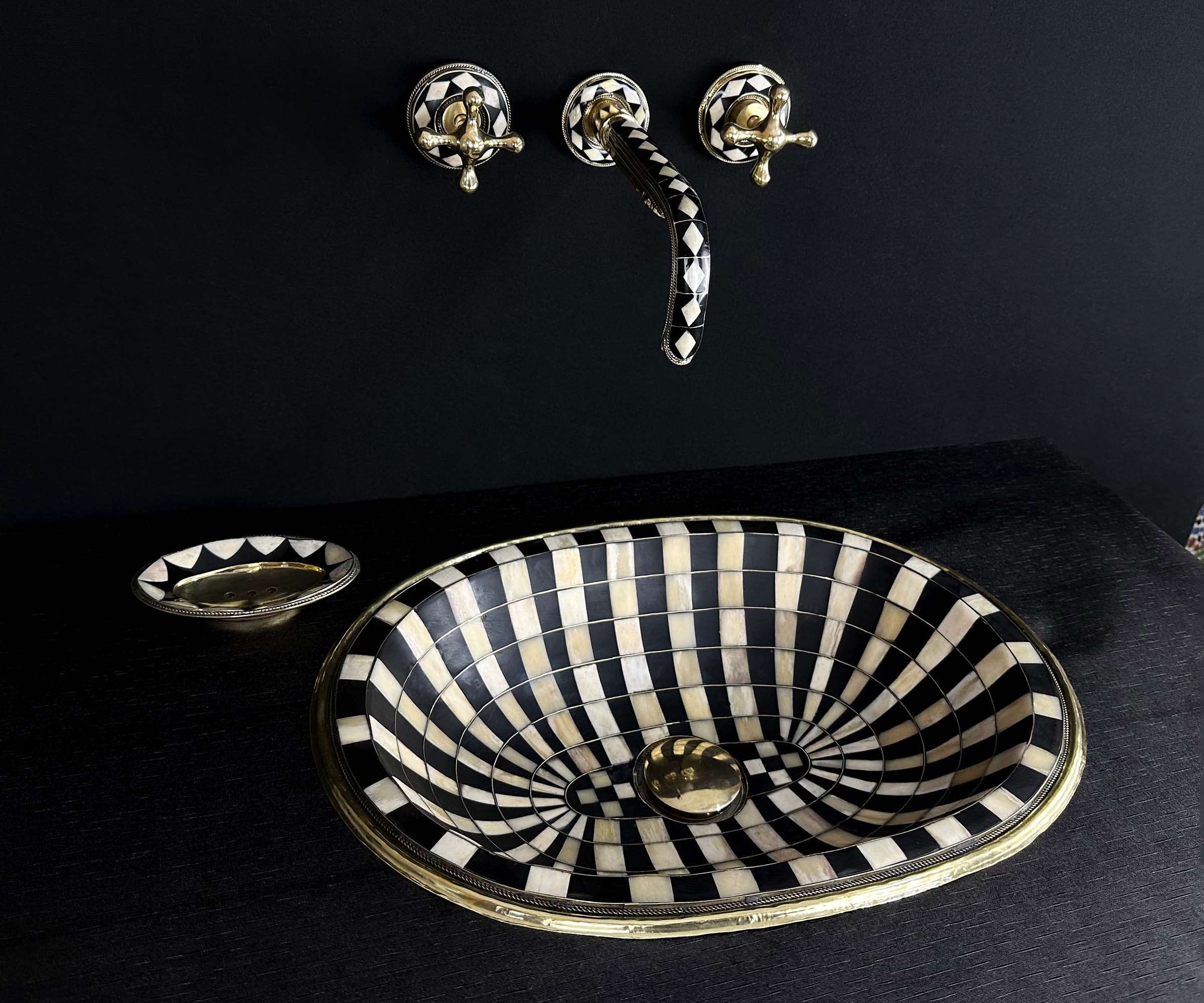 Unlacquered Brass Drop-In Sink Adorned with Resin and Bone Elements 