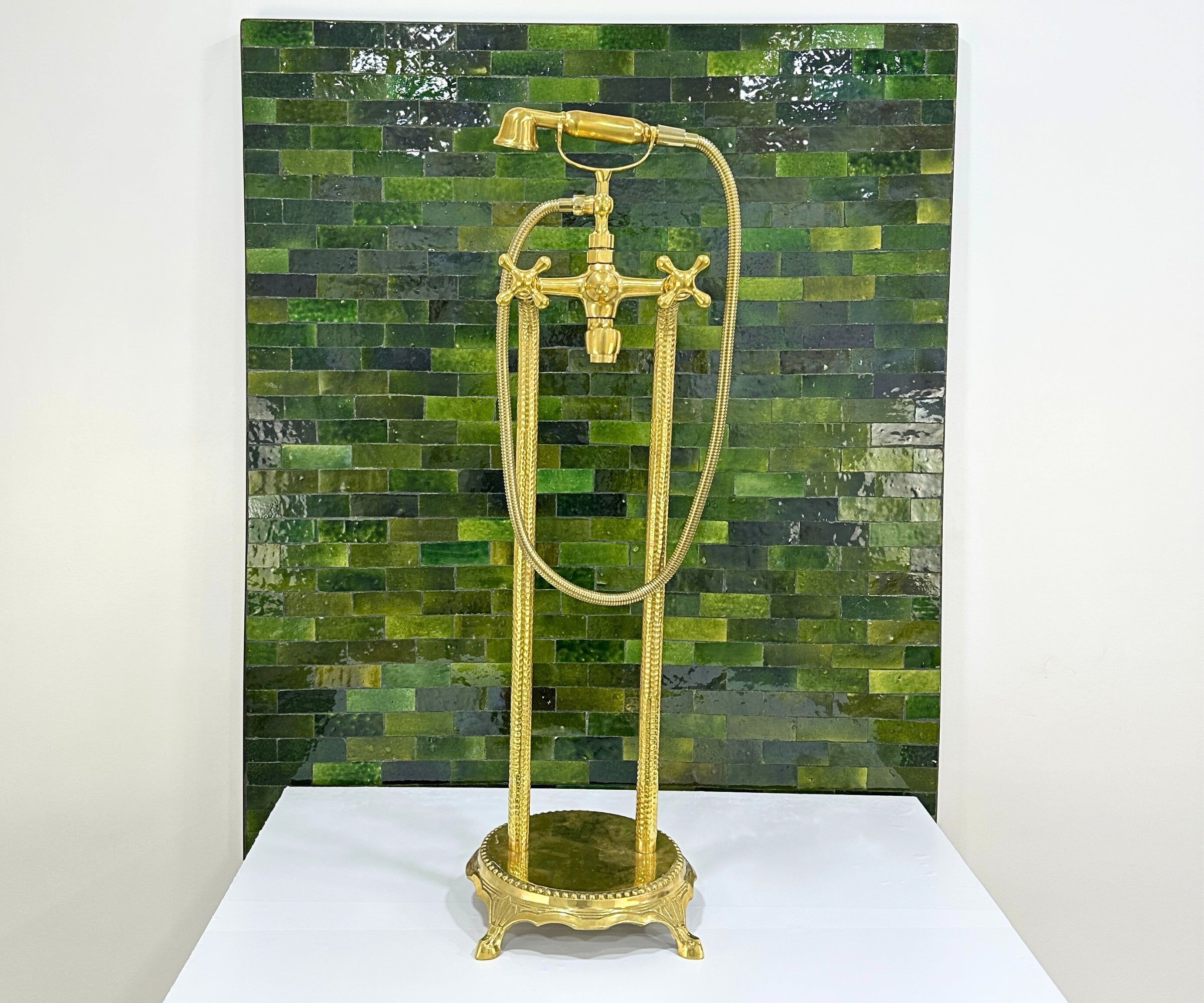 Unlacquered Brass Freestanding Tub Filler with Handheld Shower – Solid Brass Floor Mount Faucet