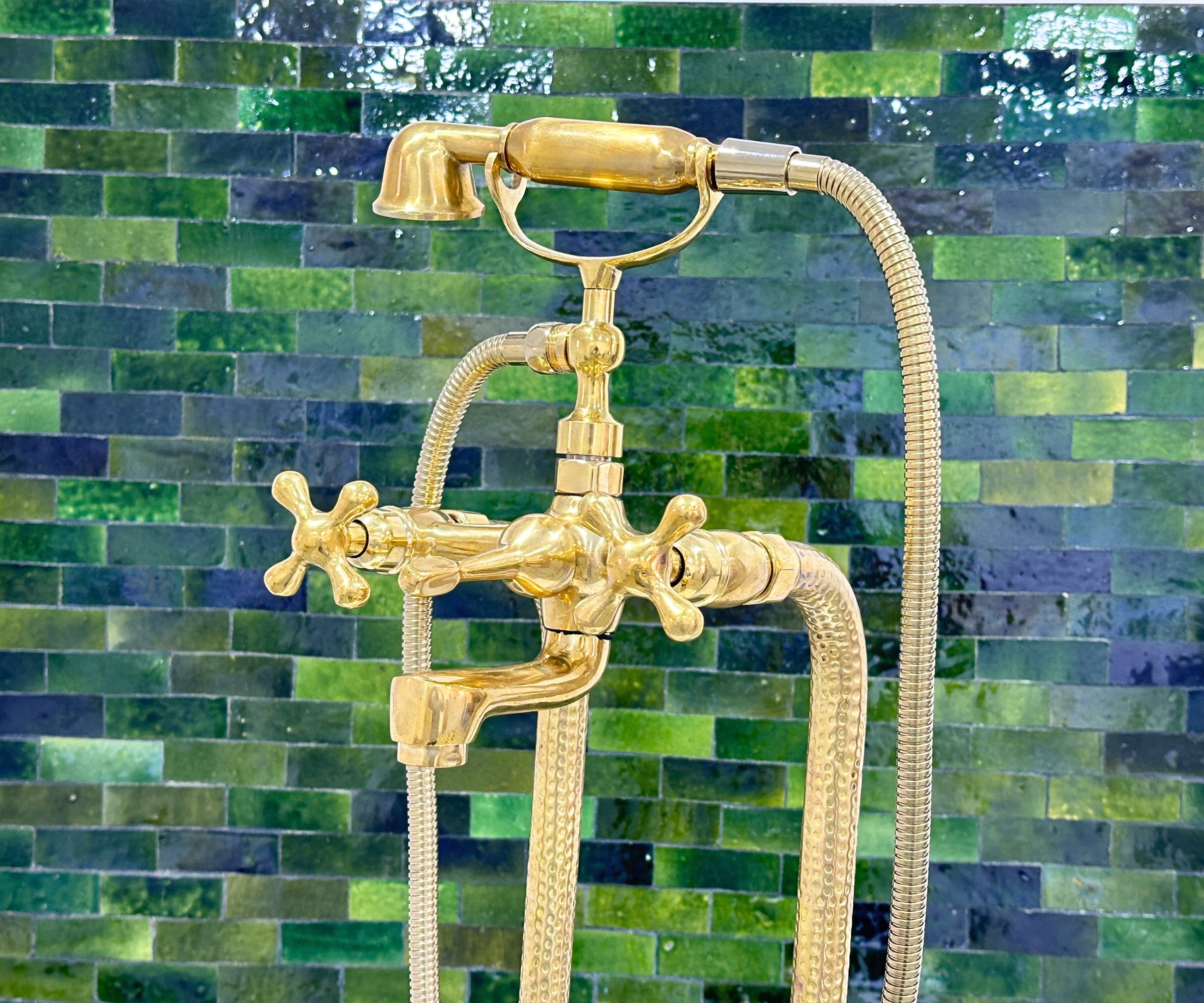 Unlacquered Brass Freestanding Tub Filler with Handheld Shower – Solid Brass Floor Mount Faucet